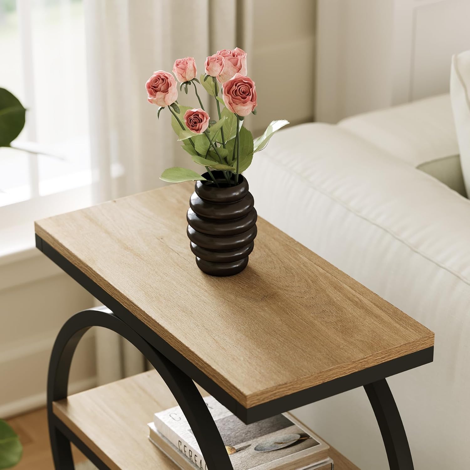 3-Tier End Table, Industrial Sofa Side Table with Round Metal Frame