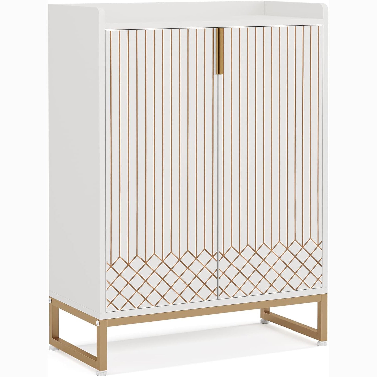 Tribesigns White 5-Tier Freestanding Wood Shoes Cabinet with Gold Metal Frame