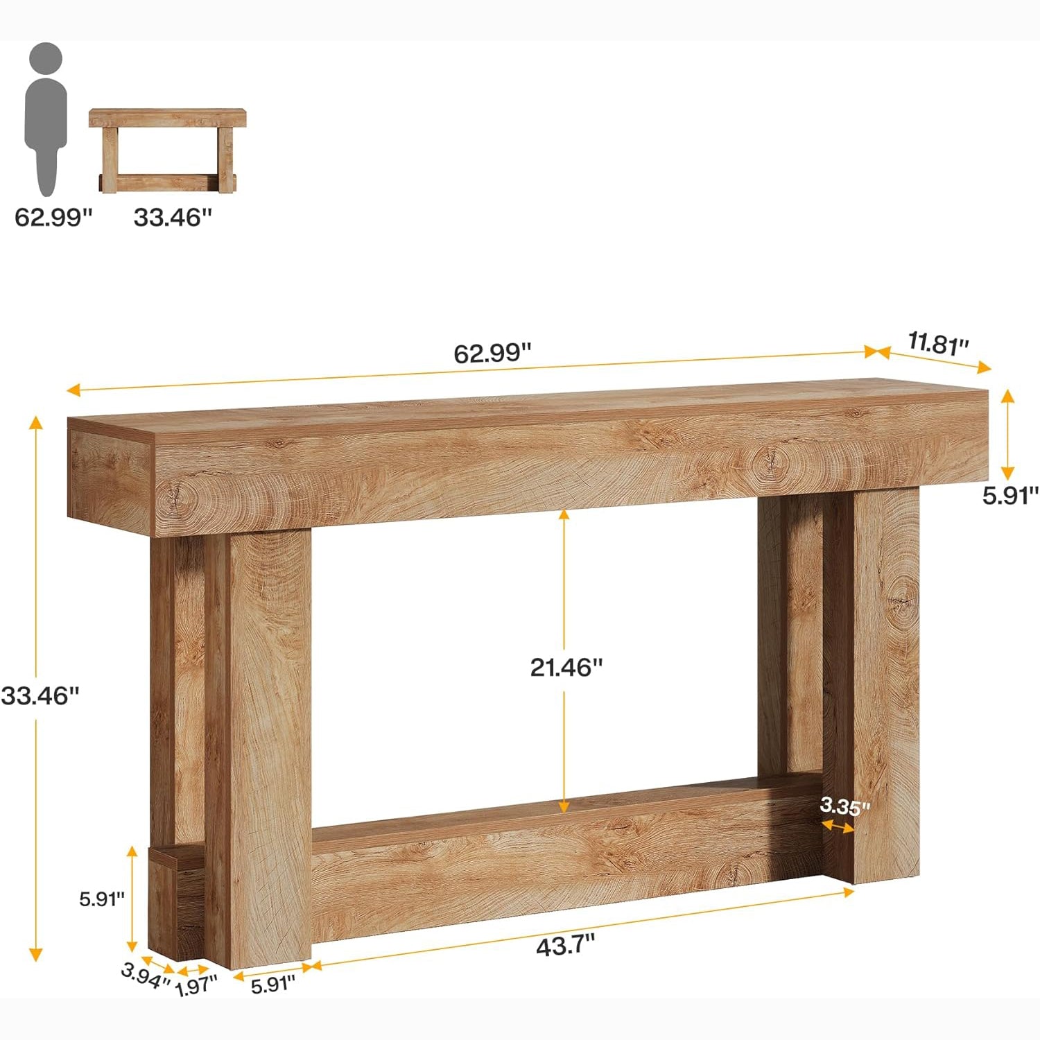 62.99 Inch Wood Console Table, 2-Tier Narrow Long Farmhouse Entryway Table