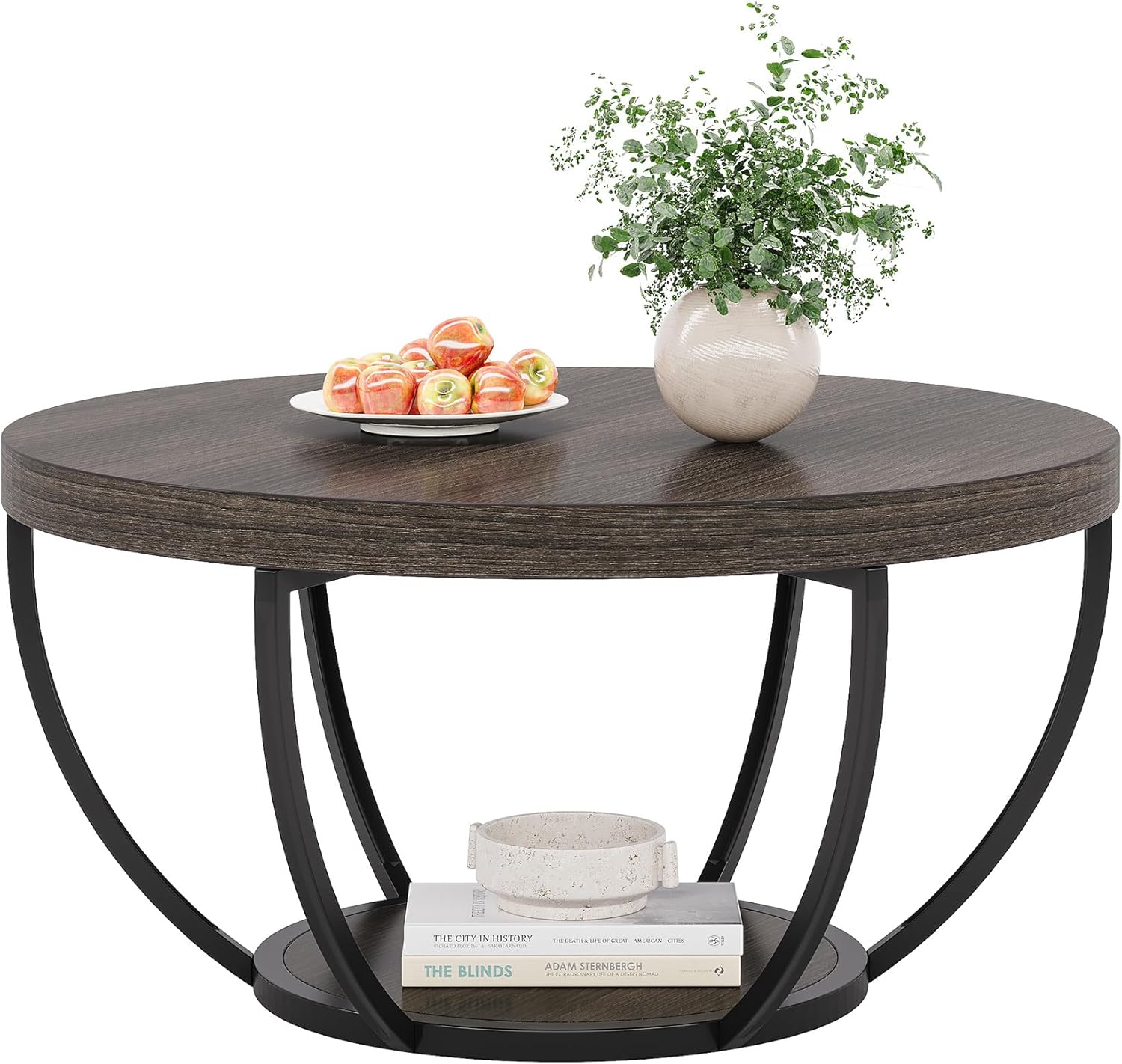 Round Wooden Coffee Table with 2-Tier Shelves