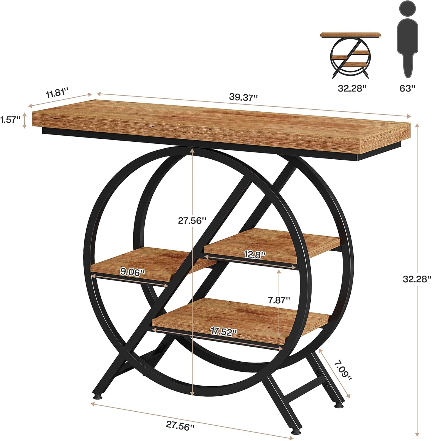 4-Tier Console Table, 39.4" Entryway Table with Geometric Metal Frame