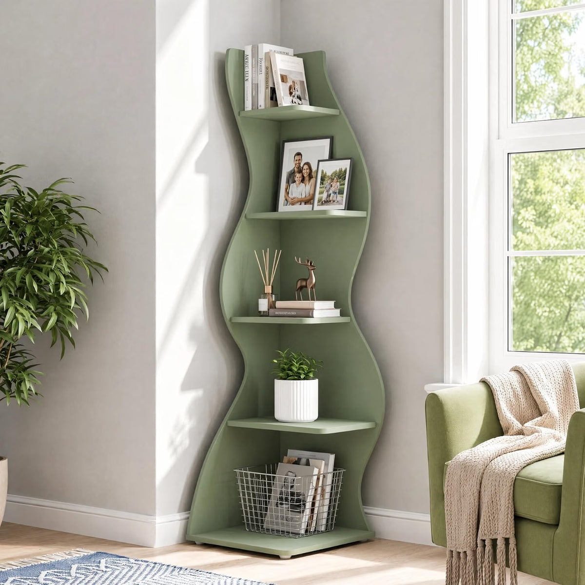 69.9" Tall Corner Shelf, 5-Tier Wavy Display Shelf for Plants & Decor
