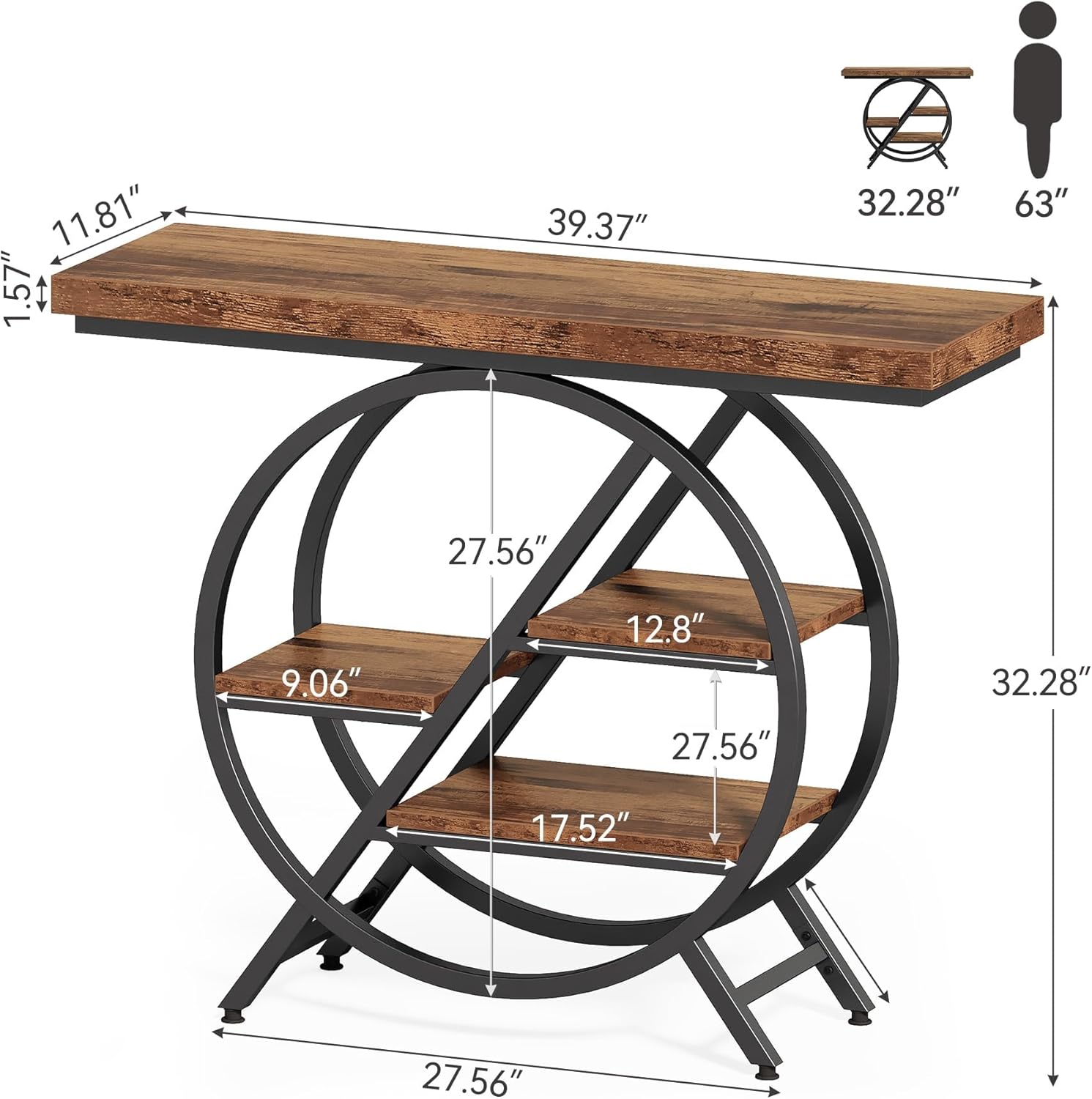 4-Tier Console Table, 39.4" Entryway Table with Geometric Metal Frame