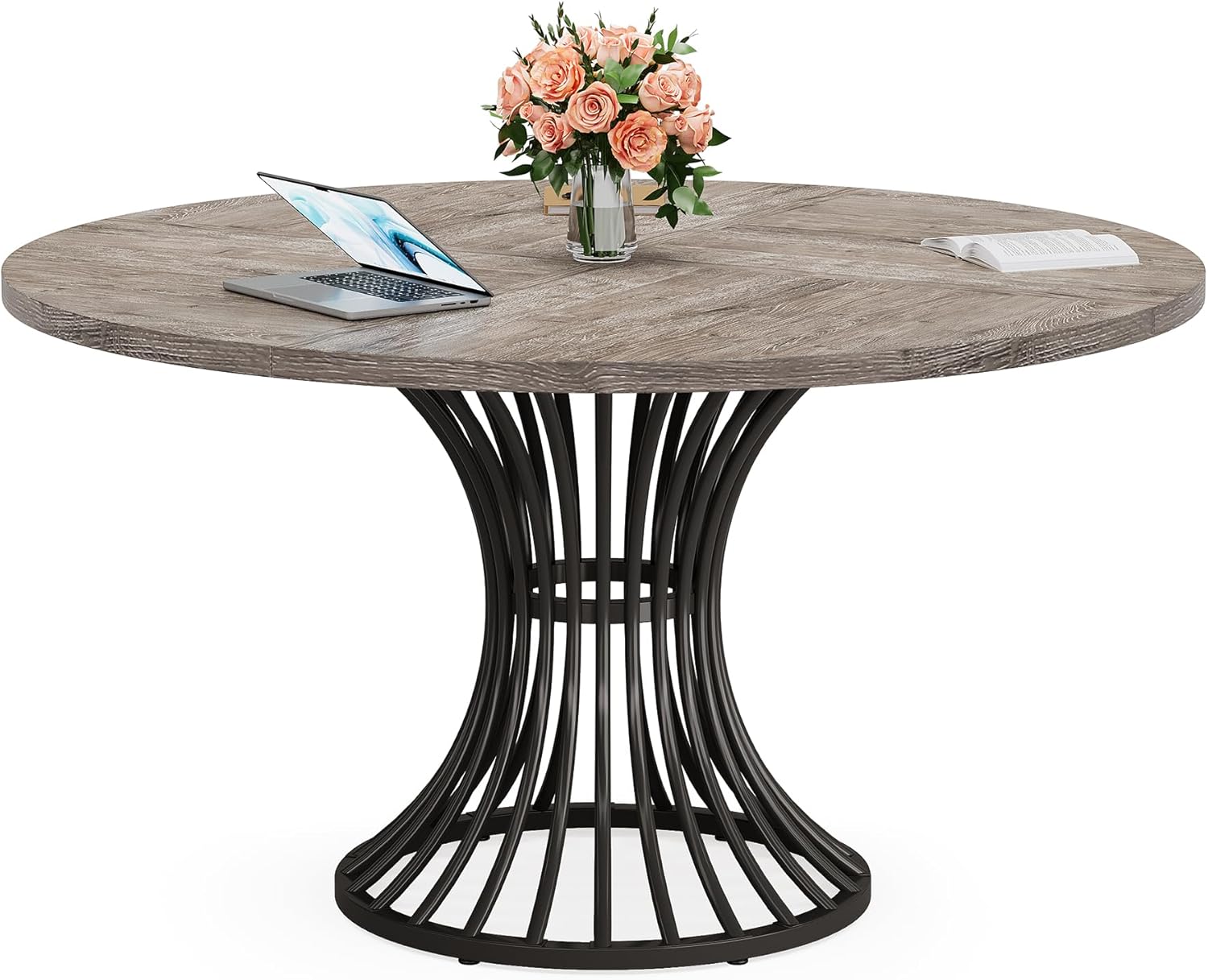 Tribesigns 47.2-Inch Round Dining Table for 4-6, Farmhouse Kitchen Table with Hourglass Metal Base