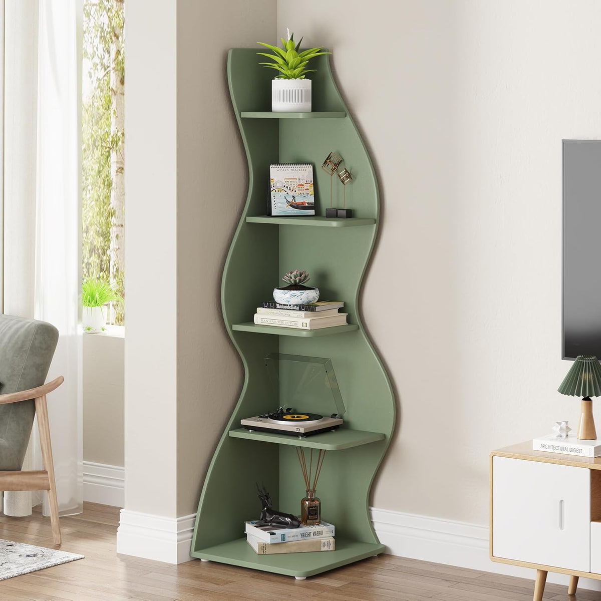 69.9" Tall Corner Shelf, 5-Tier Wavy Display Shelf for Plants & Decor
