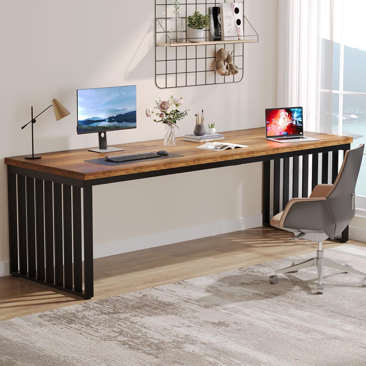 71" Home Office Desk - Heavy Duty Metal Frame Workstation#Colour_Brown & Black Base