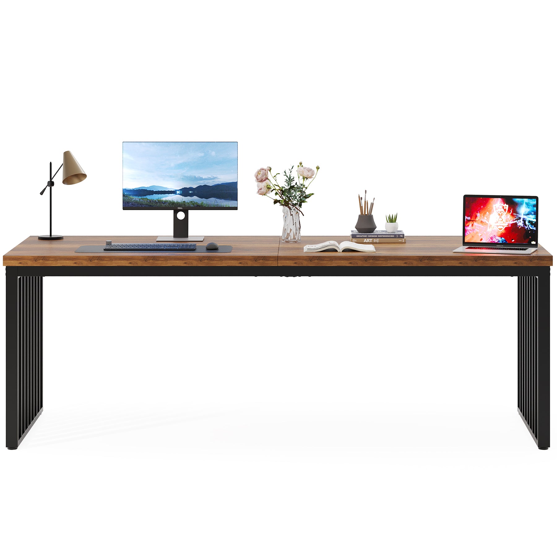 71" Home Office Desk - Heavy Duty Metal Frame Workstation#Colour_Brown With Black Base