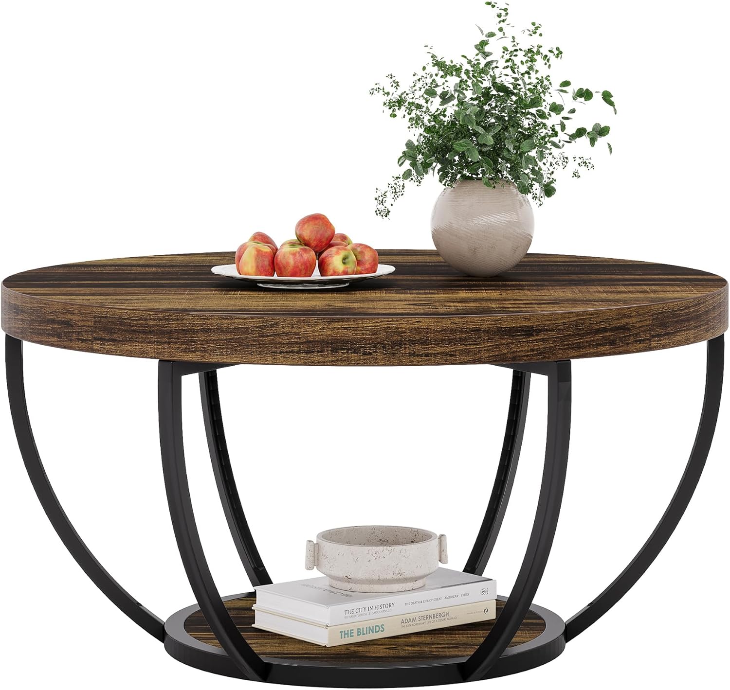 Round Wooden Coffee Table with 2-Tier Shelves