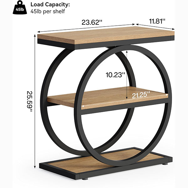 3-Tier End Table, Industrial Sofa Side Table with Round Metal Frame