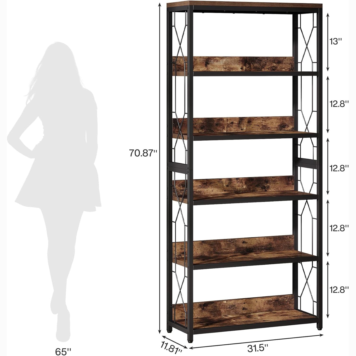 70.8" Bookshelf, 5-Tier Open Bookcase Storage Etagere
