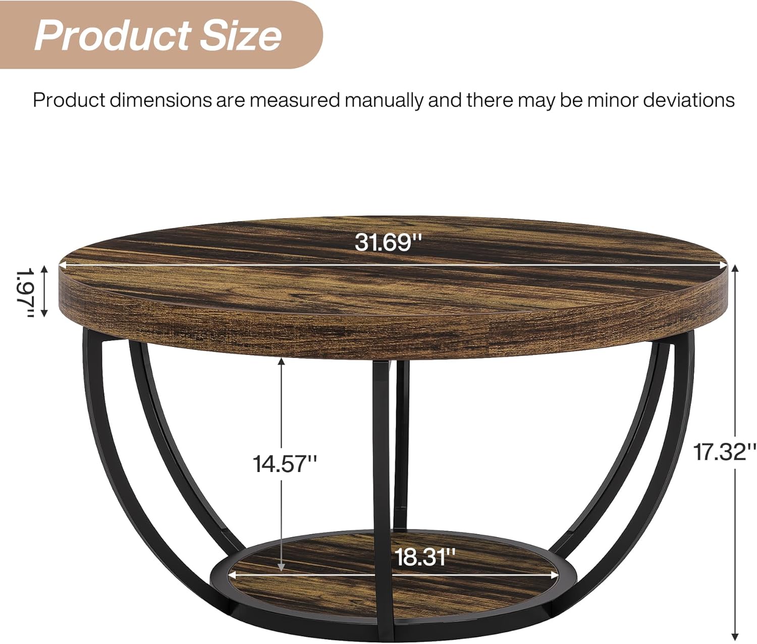 Round Wooden Coffee Table with 2-Tier Shelves