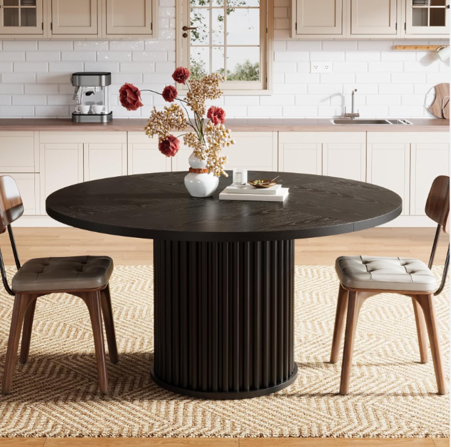 47" Round Dining Table for 4–6 People, Modern Farmhouse Kitchen Table with Fluted Pedestal Base