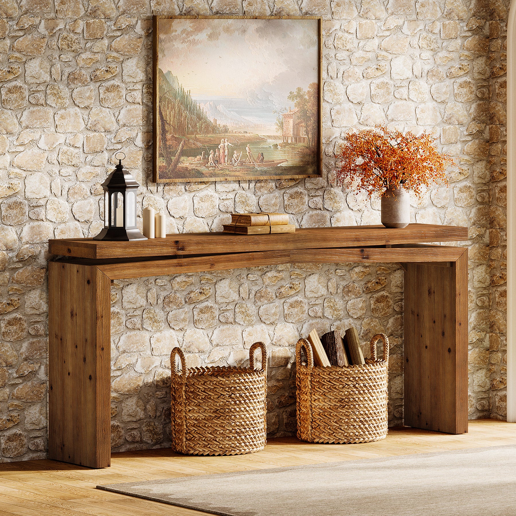 63-Inch Solid Wood Farmhouse Console Table, Long Sofa Table for Entryway