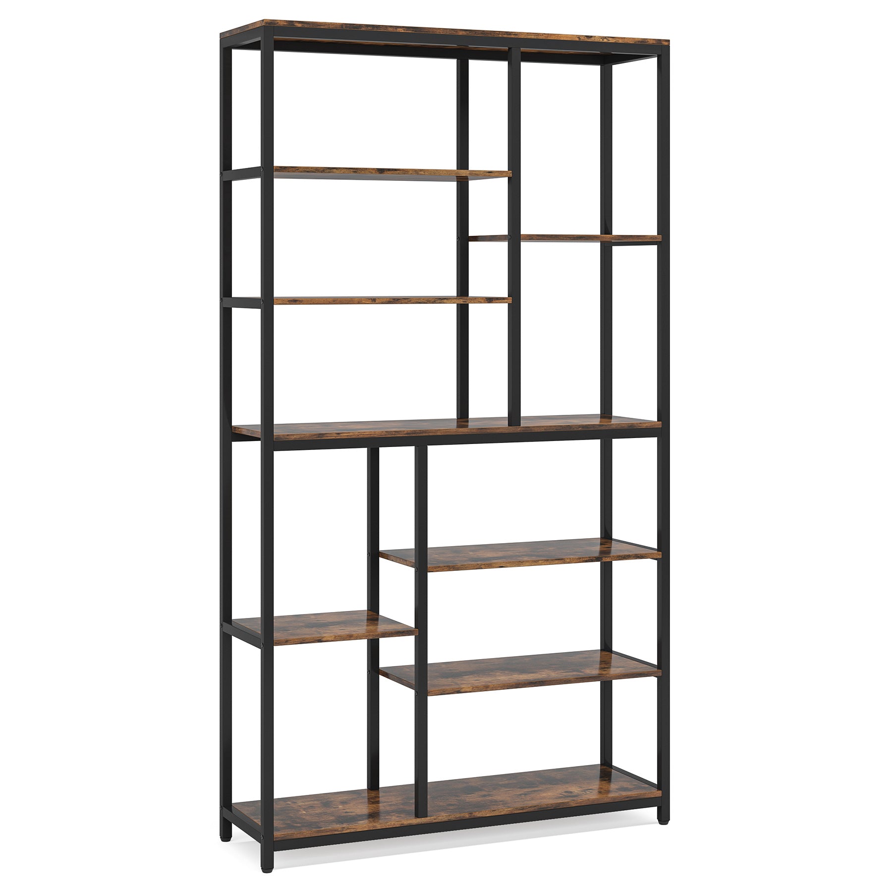 79" Industrial Bookcase - 8-Shelf Staggered Wood & Metal Display Shelf