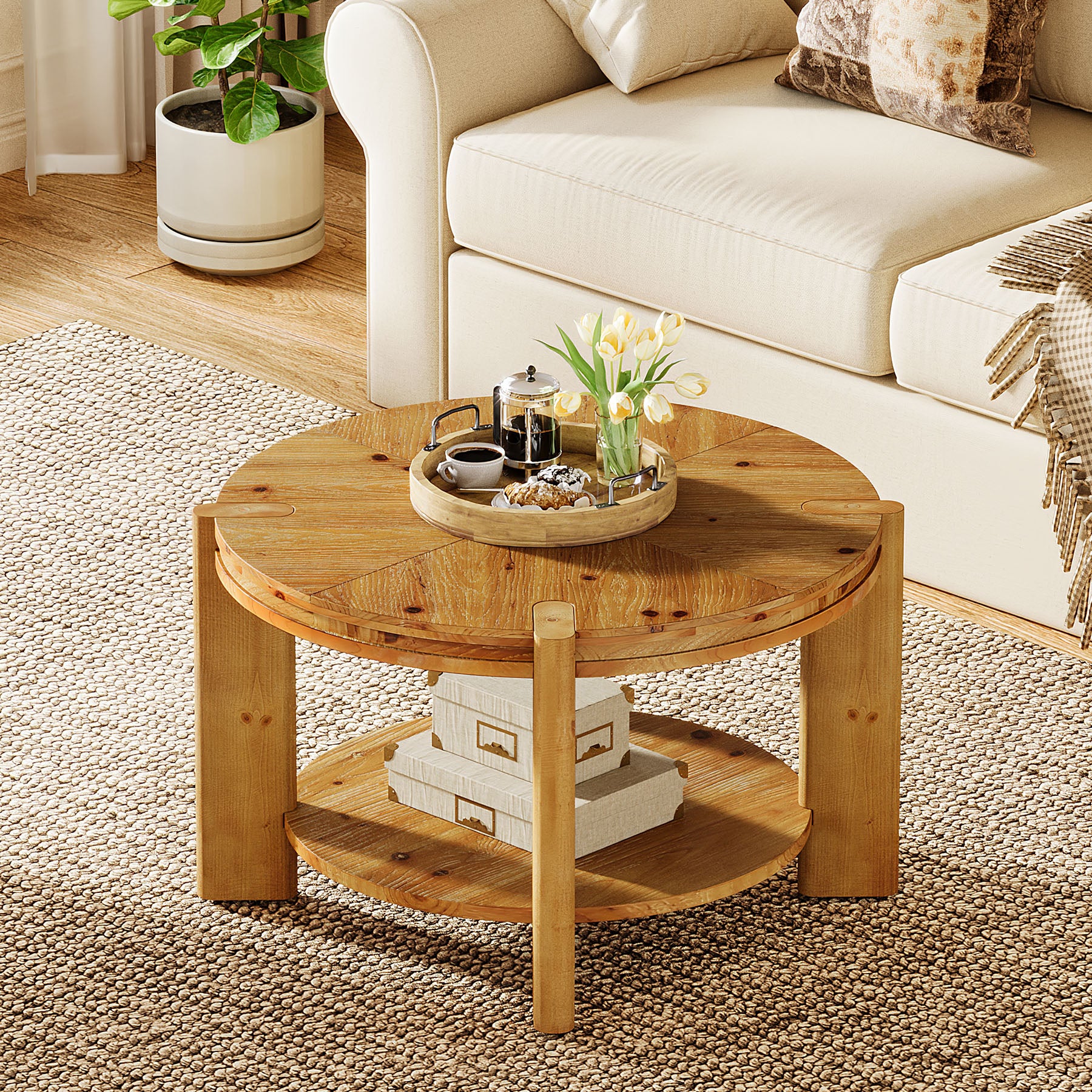 29.5 Inch Solid Wood Round Coffee Table, Farmhouse 2-Tier Circle Center Table with Open Storage Shelf for Living Room Apartment