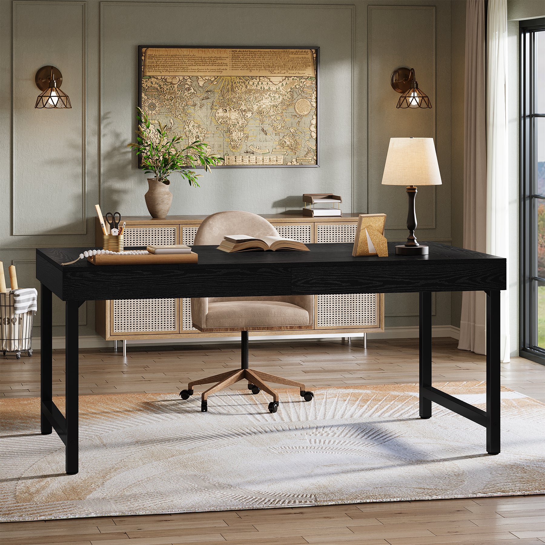 55" Industrial Executive Desk - Rustic Office Desk with Metal Legs, Study & Conference Workstation