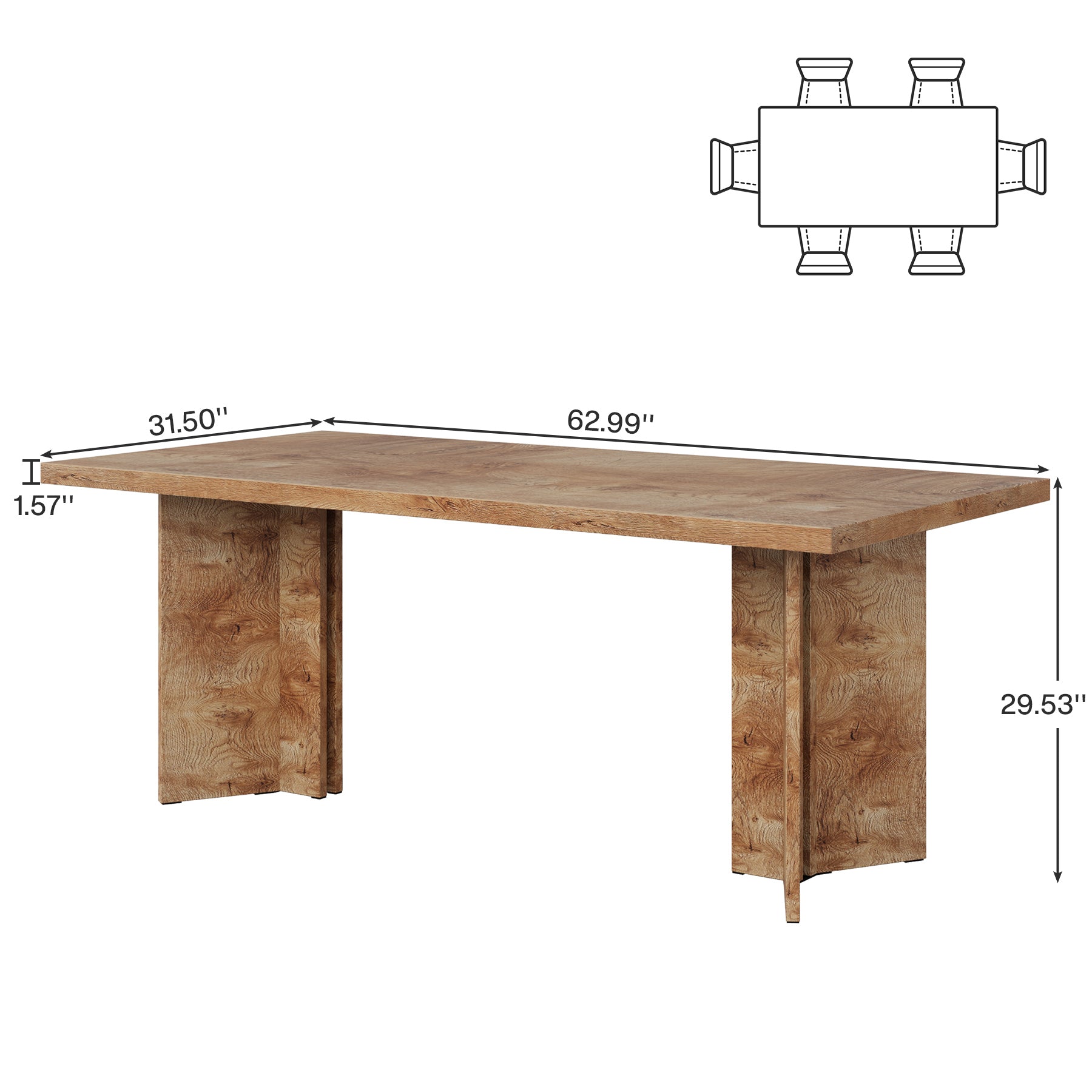 63" Farmhouse Dining Table, Kitchen Table with Large Tabletop for 4-6