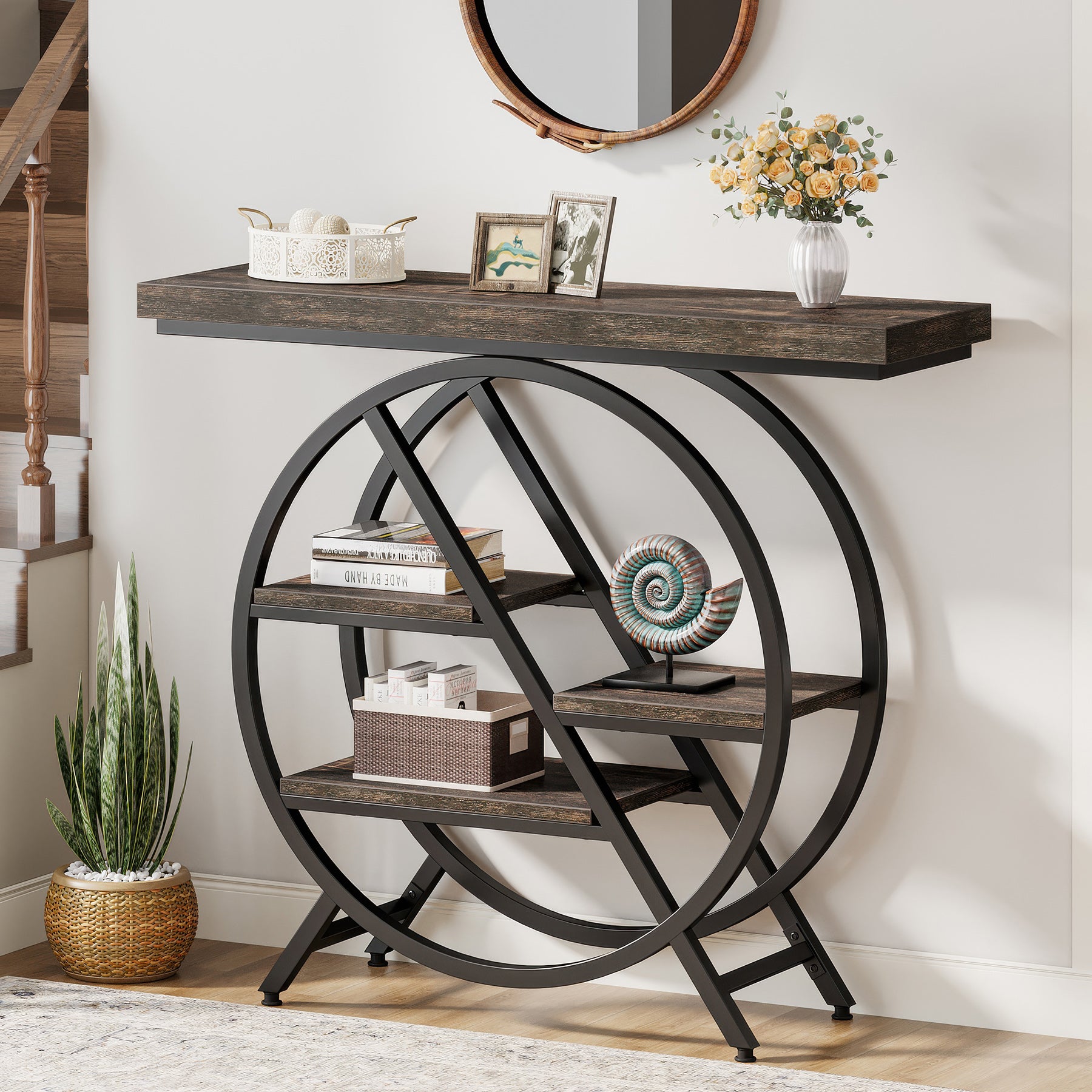 4-Tier Console Table, 39.4" Entryway Table with Geometric Metal Frame