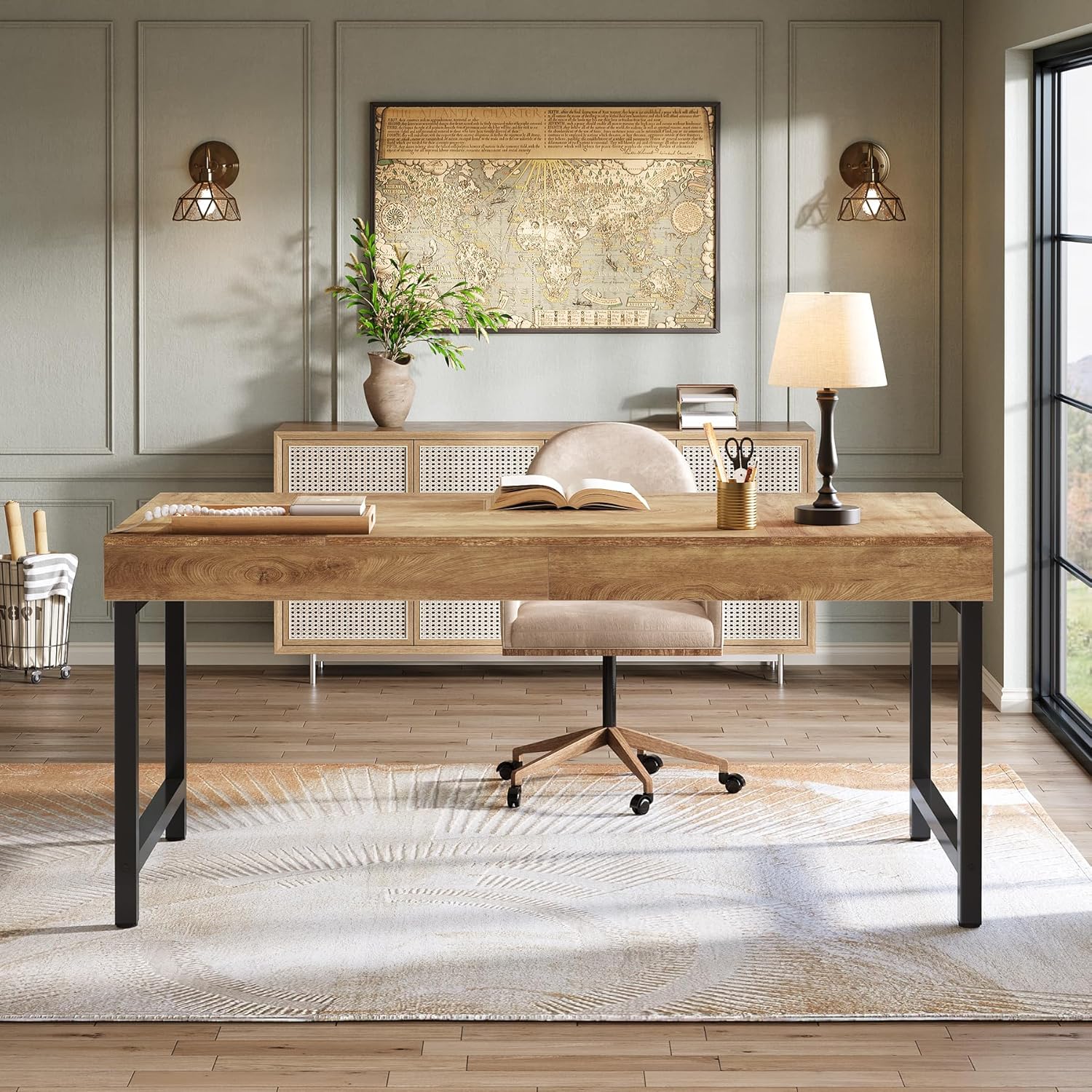 55" Industrial Executive Desk - Rustic Office Desk with Metal Legs, Study & Conference Workstation