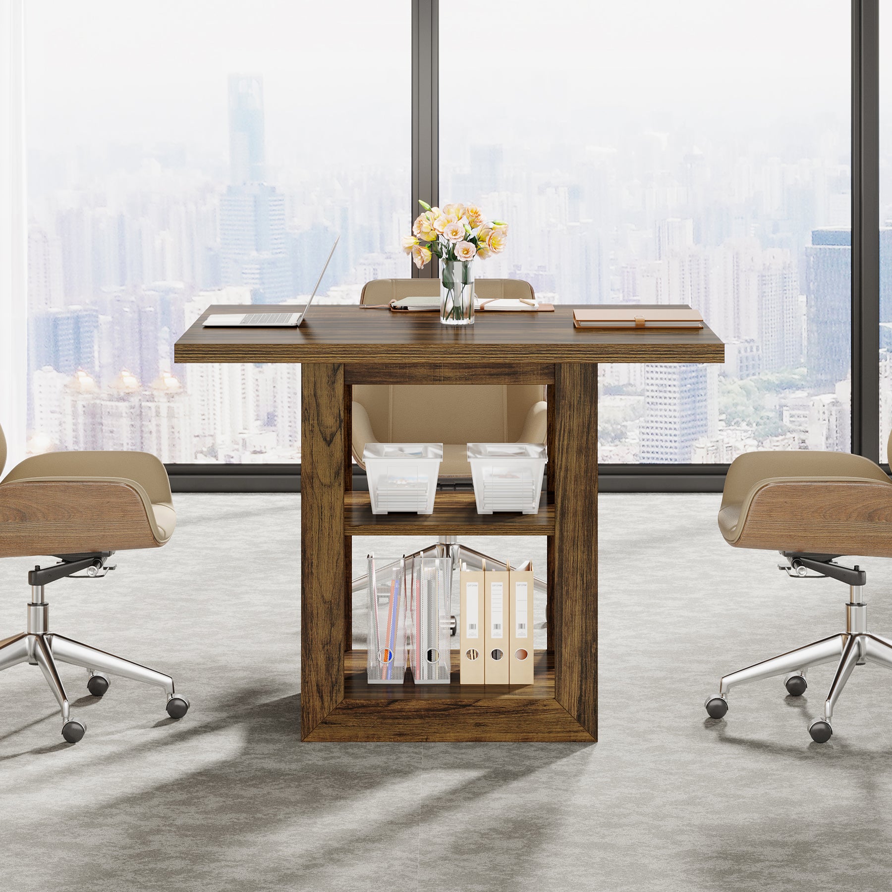 Tribesigns 31.5" Square Conference Table for 4, Compact Meeting Table with Storage Shelf