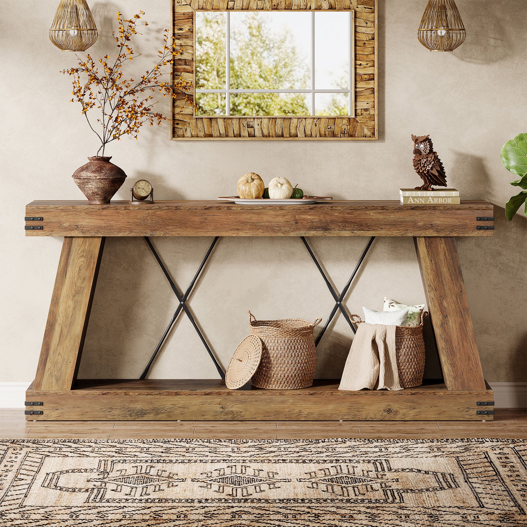 70.87" Farmhouse Console Table, Industrial Long Sofa Table with Storage for Entryway and Living Room