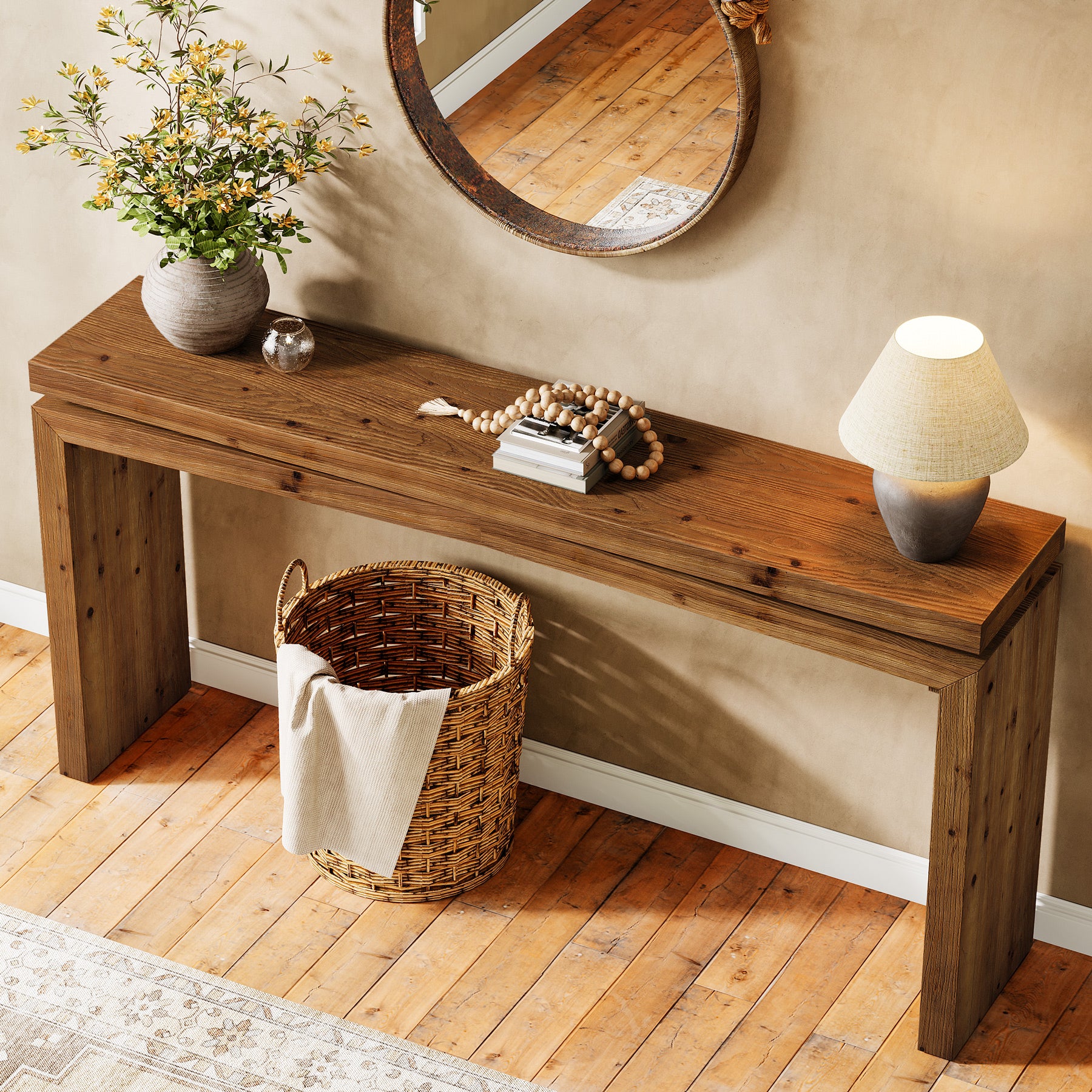 63-Inch Solid Wood Farmhouse Console Table, Long Sofa Table for Entryway