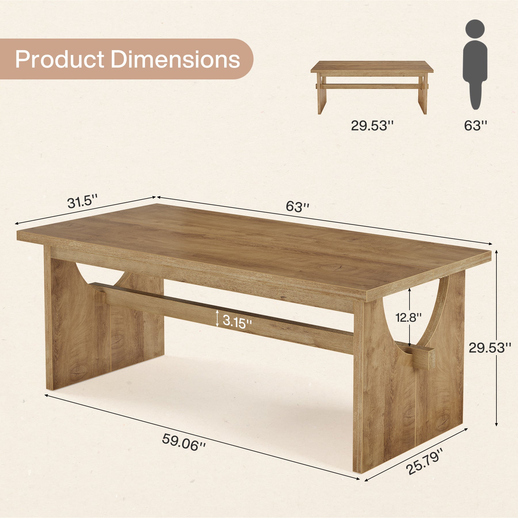 Tribesigns 63-Inch Farmhouse Dining Table for 4 to 6 People with Heavy Duty Double Base