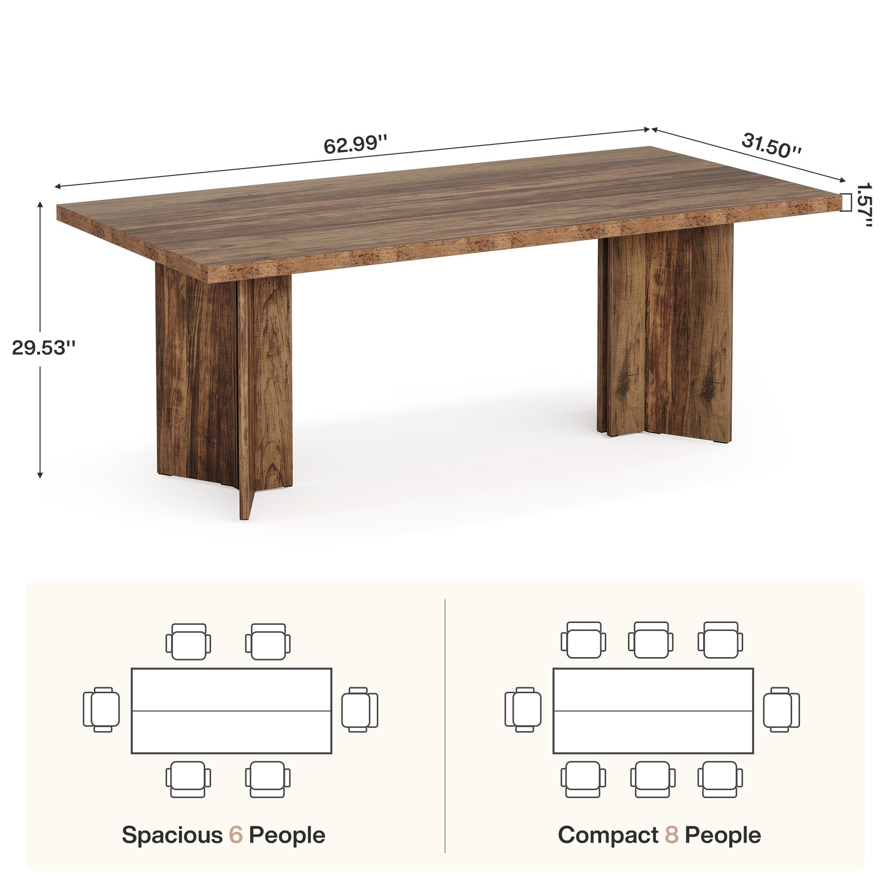 63" Farmhouse Dining Table, Kitchen Table with Large Tabletop for 4-6