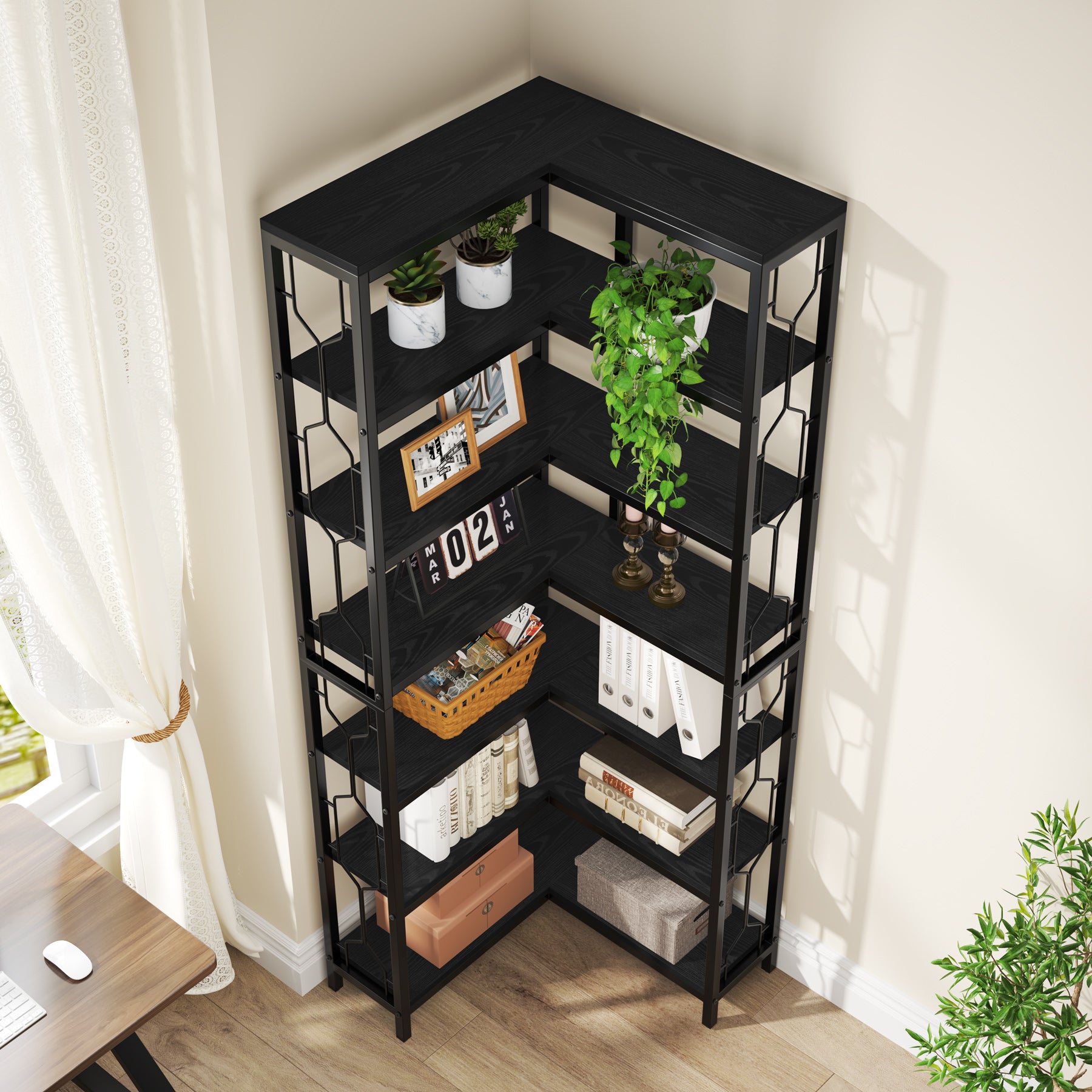 78.7-Inch 7-Tier Corner Bookcase with Hexagon-Pattern Side Panels, Tall Display Unit for Living Room