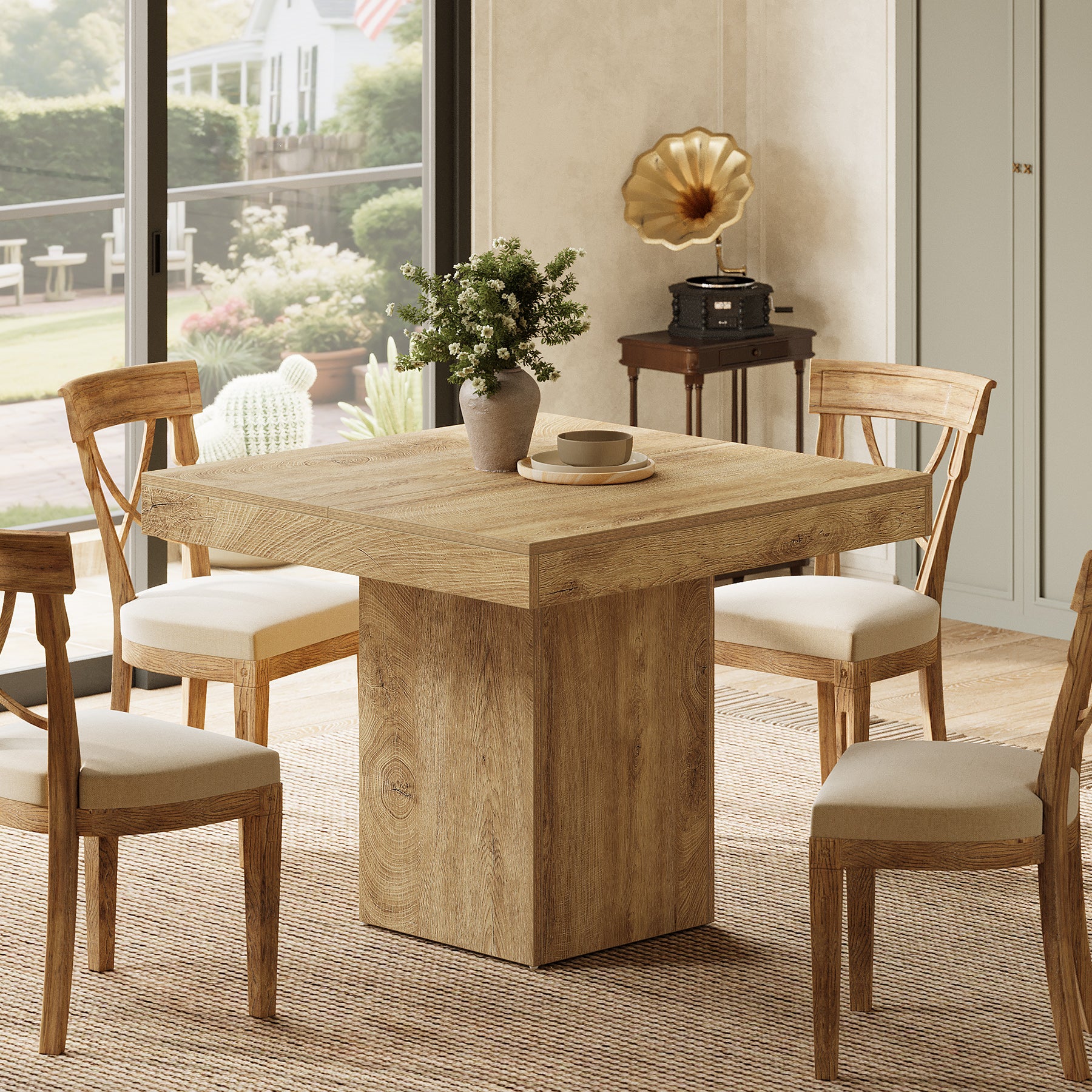 39" Square Farmhouse Dining Table, Solid Wood Kitchen Table with Pedestal Base for 4