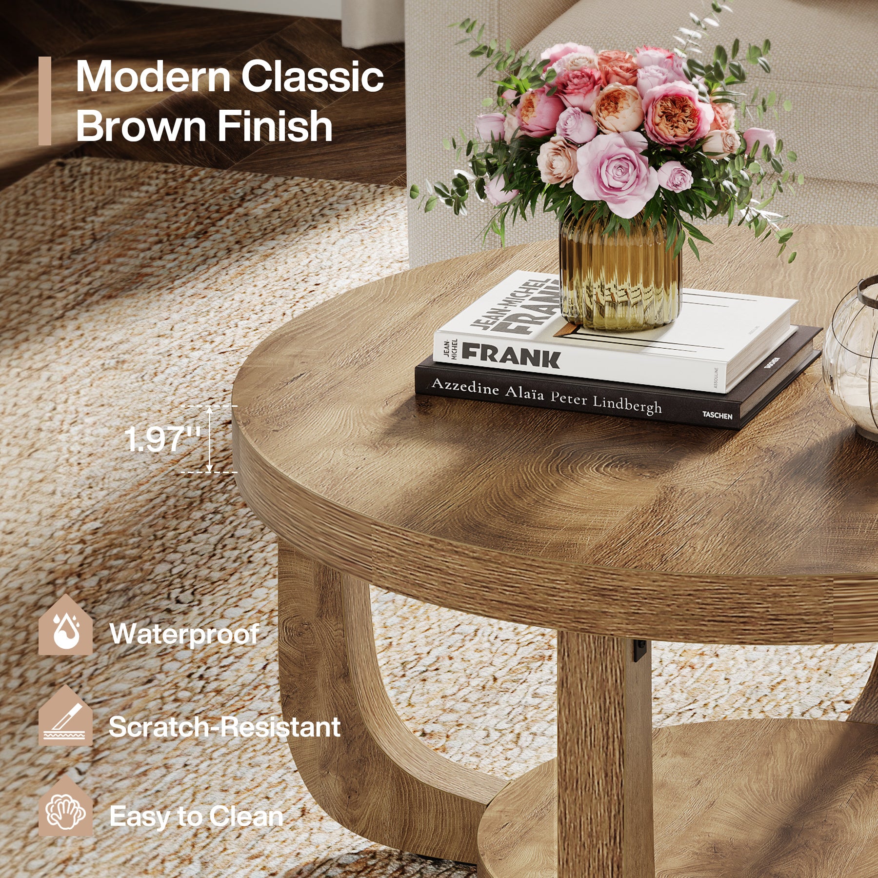 31.5" Round Coffee Table - 2-Tier Accent Center Table with Storage Shelf