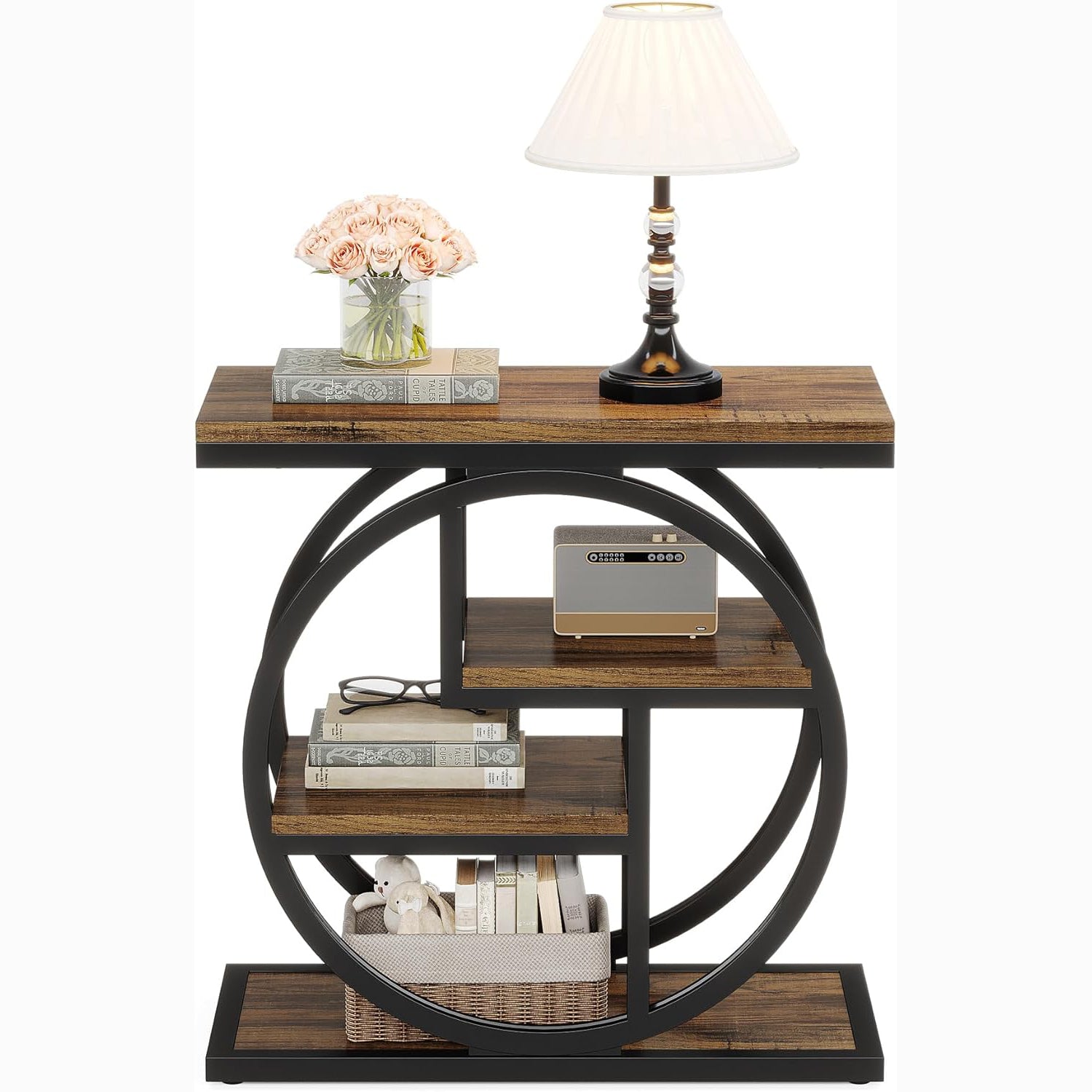 23.6" Industrial 4-Tier End Table - Narrow Wood & Metal Side Table with Storage Shelves, Rustic Brown