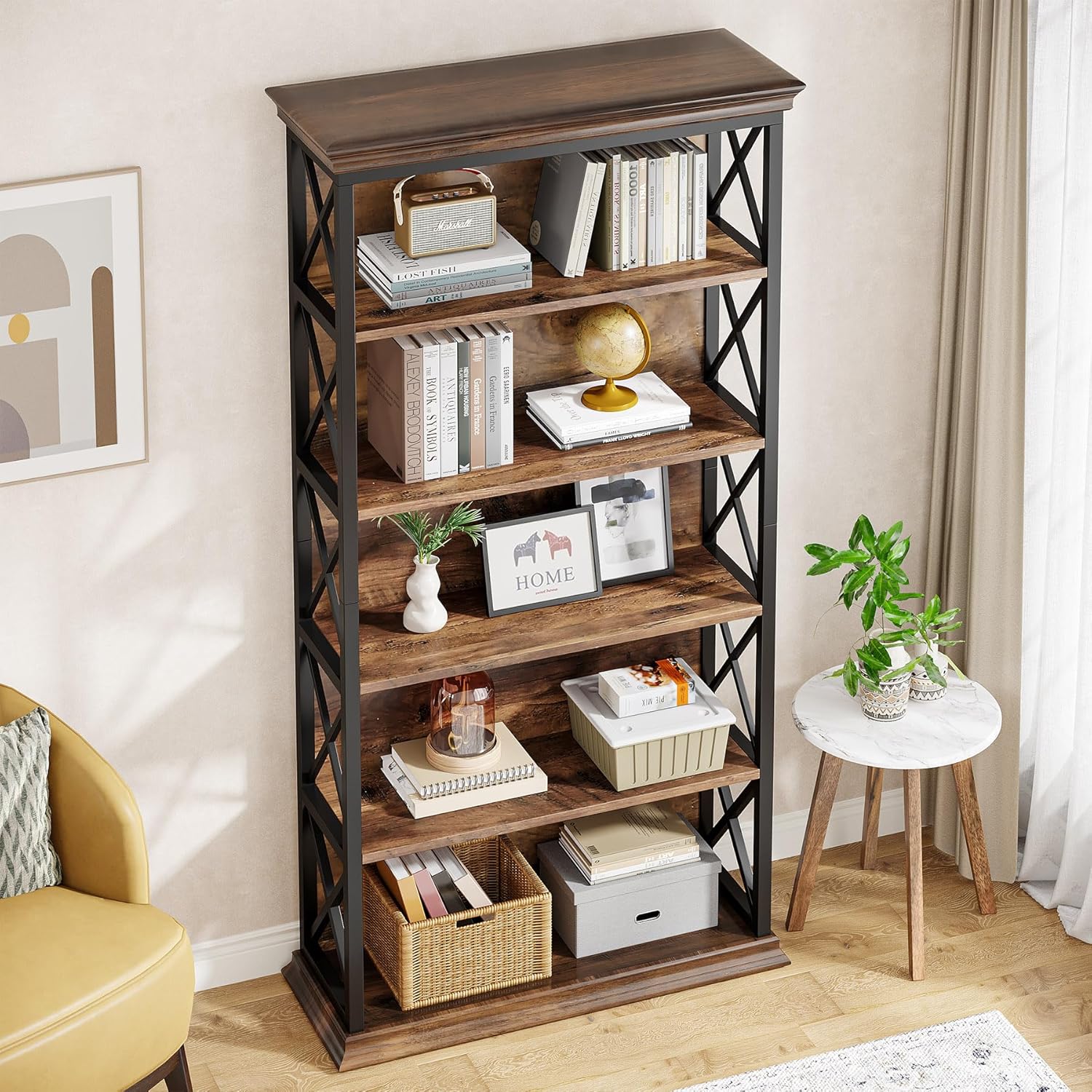 71" Industrial 6-Tier Bookcase - 5-Shelf Floor Standing Storage Unit in Brown & Black