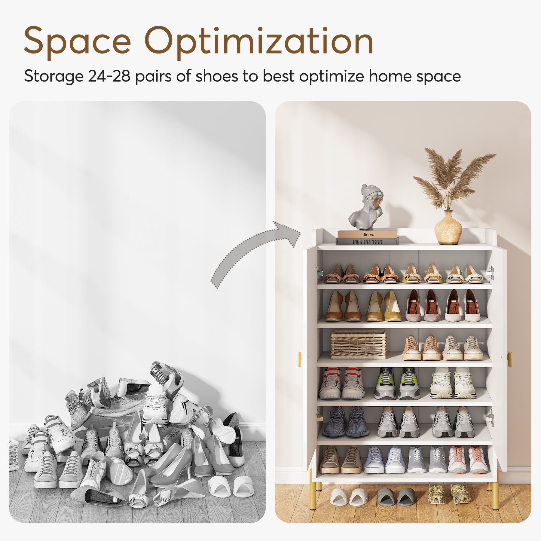 Tribesigns Slim 6-Tier Shoe Cabinet, Freestanding White Organizer with Doors for Entryway