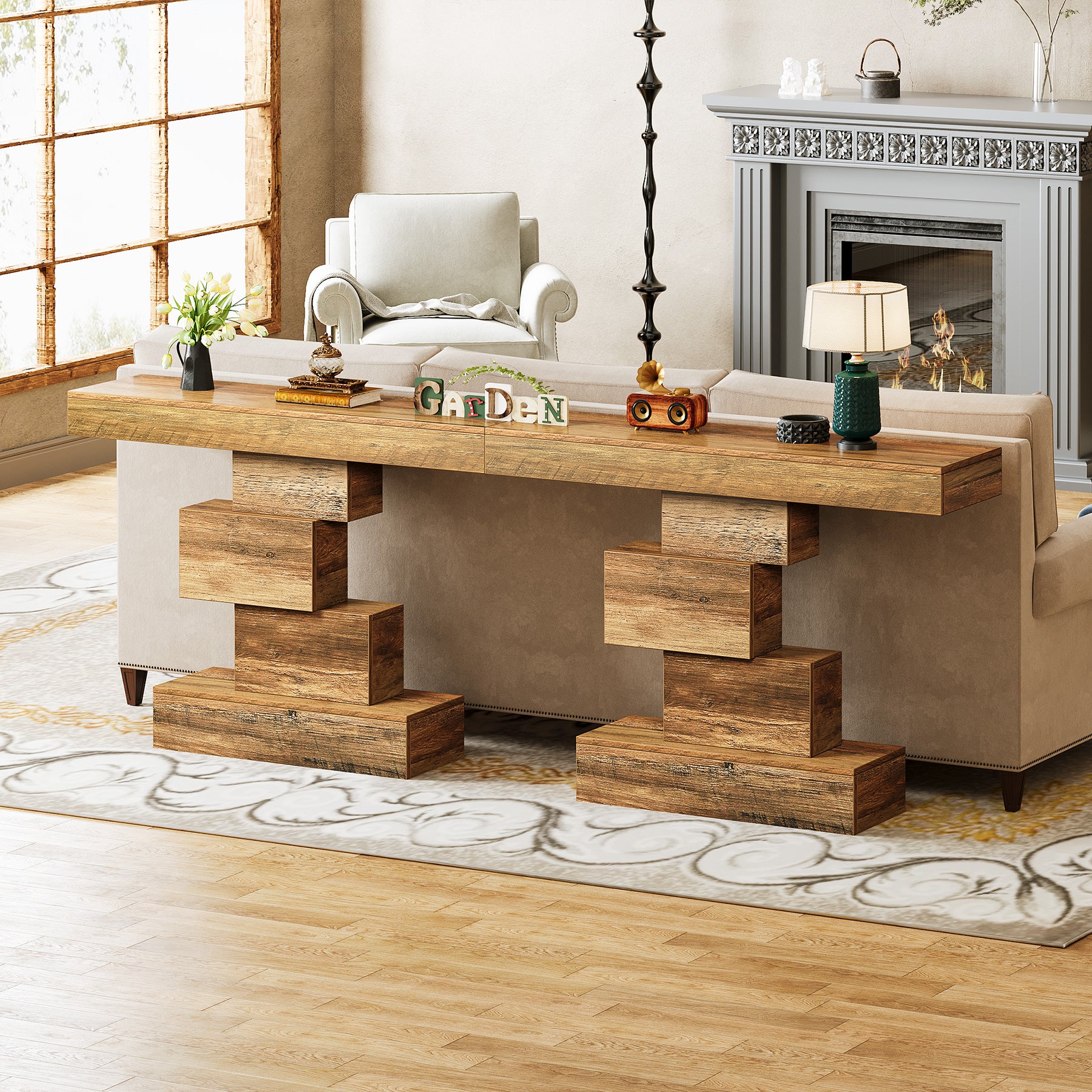 42" Console Table, Wood Sofa Table Accent Table with Geometric Base