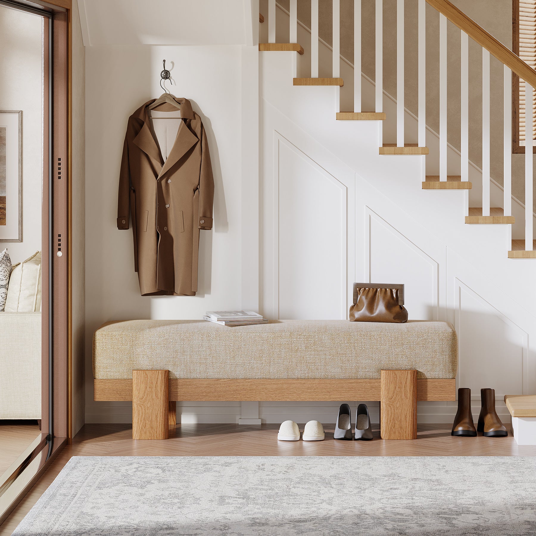 55-Inch Upholstered Entryway Bench, Modern Shoe Bench with Thick Cushion