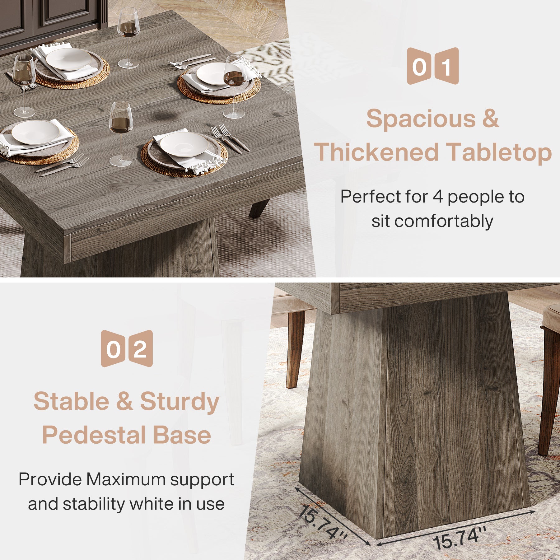 Tribesigns 31.5-Inch Square Dining Table for 4 with Pedestal Base, Farmhouse Kitchen Table