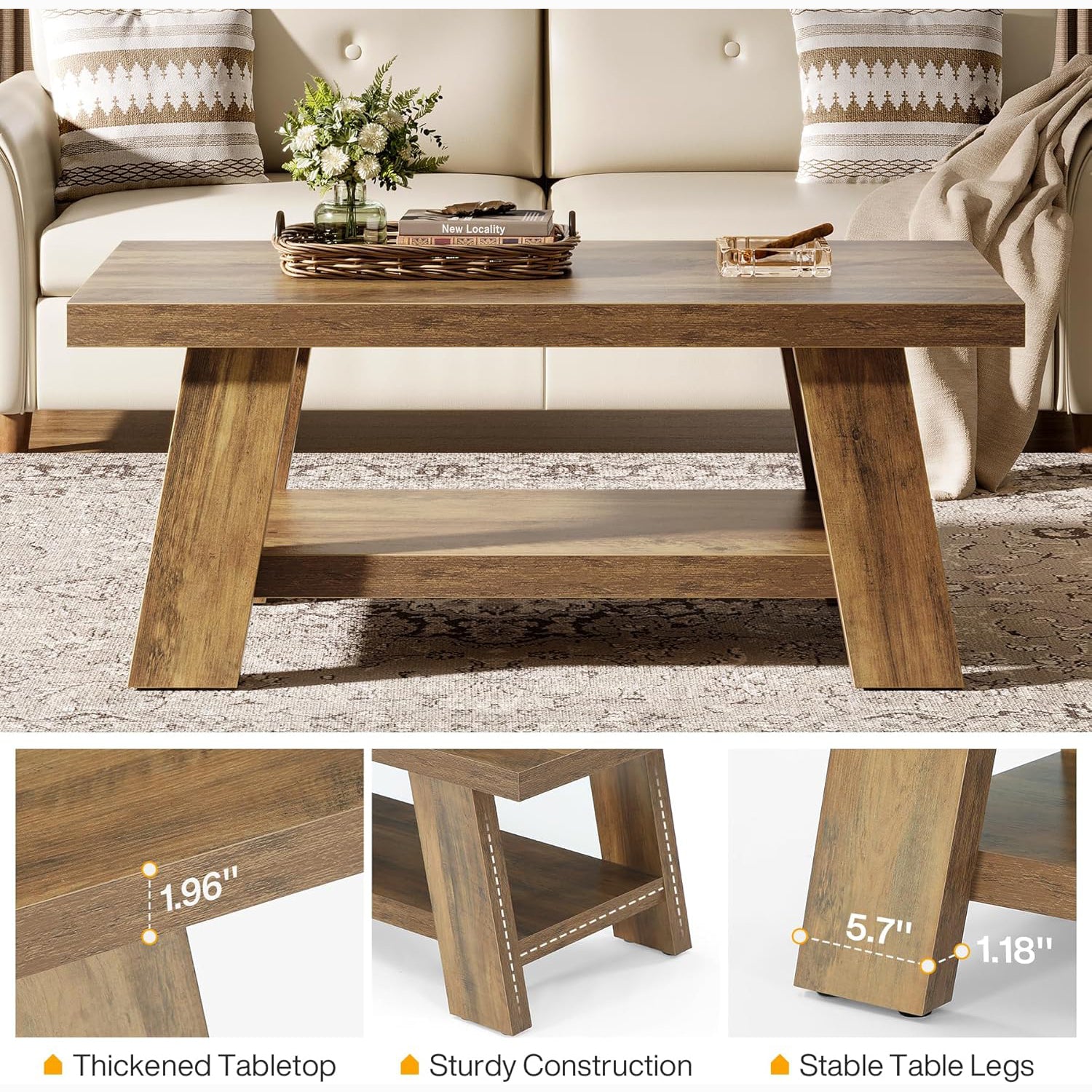 47" Rustic Farmhouse Coffee Table - 2-Tier Rectangular Storage Center Table for Living Room
