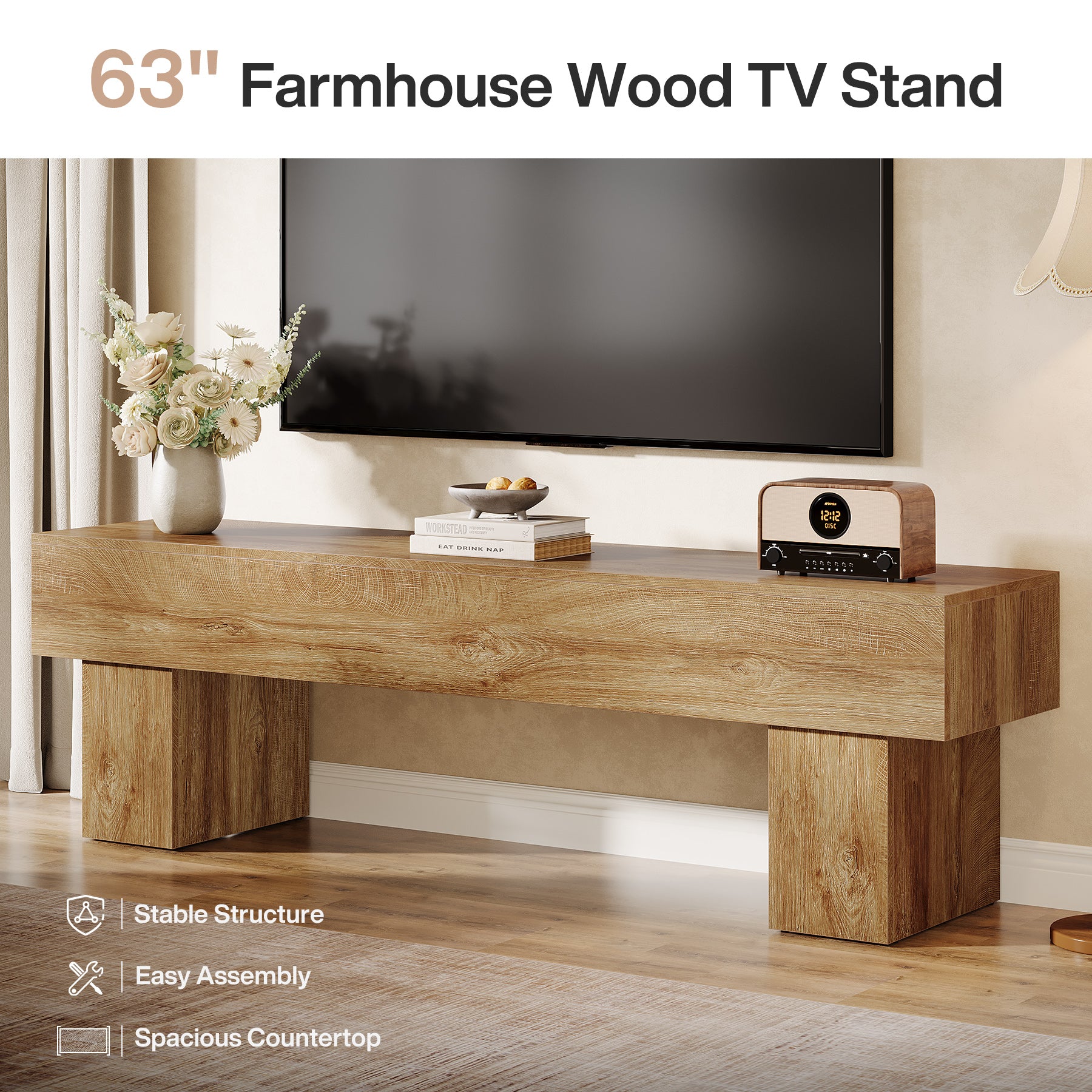 Tribesigns 63-Inch Low TV Console Table, Farmhouse Design with Sturdy 300 lb Capacity for Living Room