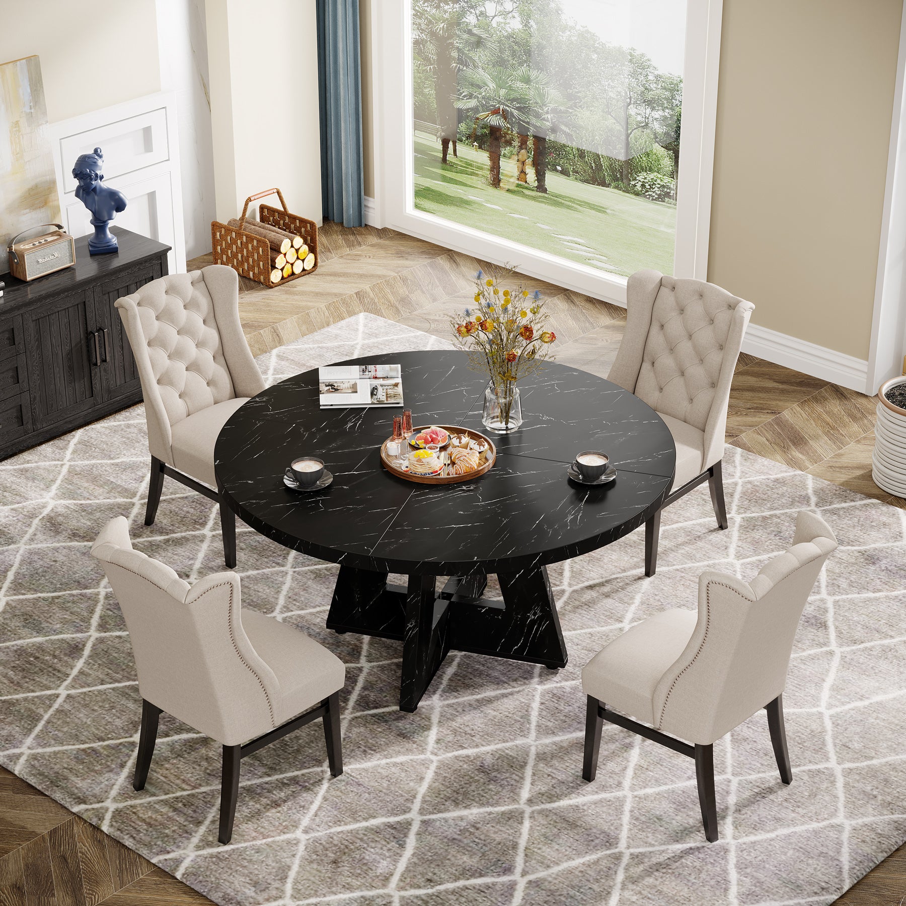 47-Inch Round Dining Table, Farmhouse Wood Kitchen Table for 4-6 with Cross Base