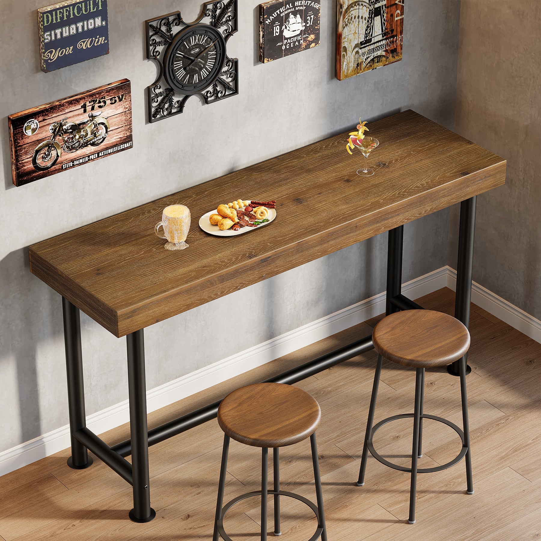 63-Inch Solid Wood Bar Table with Metal Legs, Rectangular Counter Height Pub Table