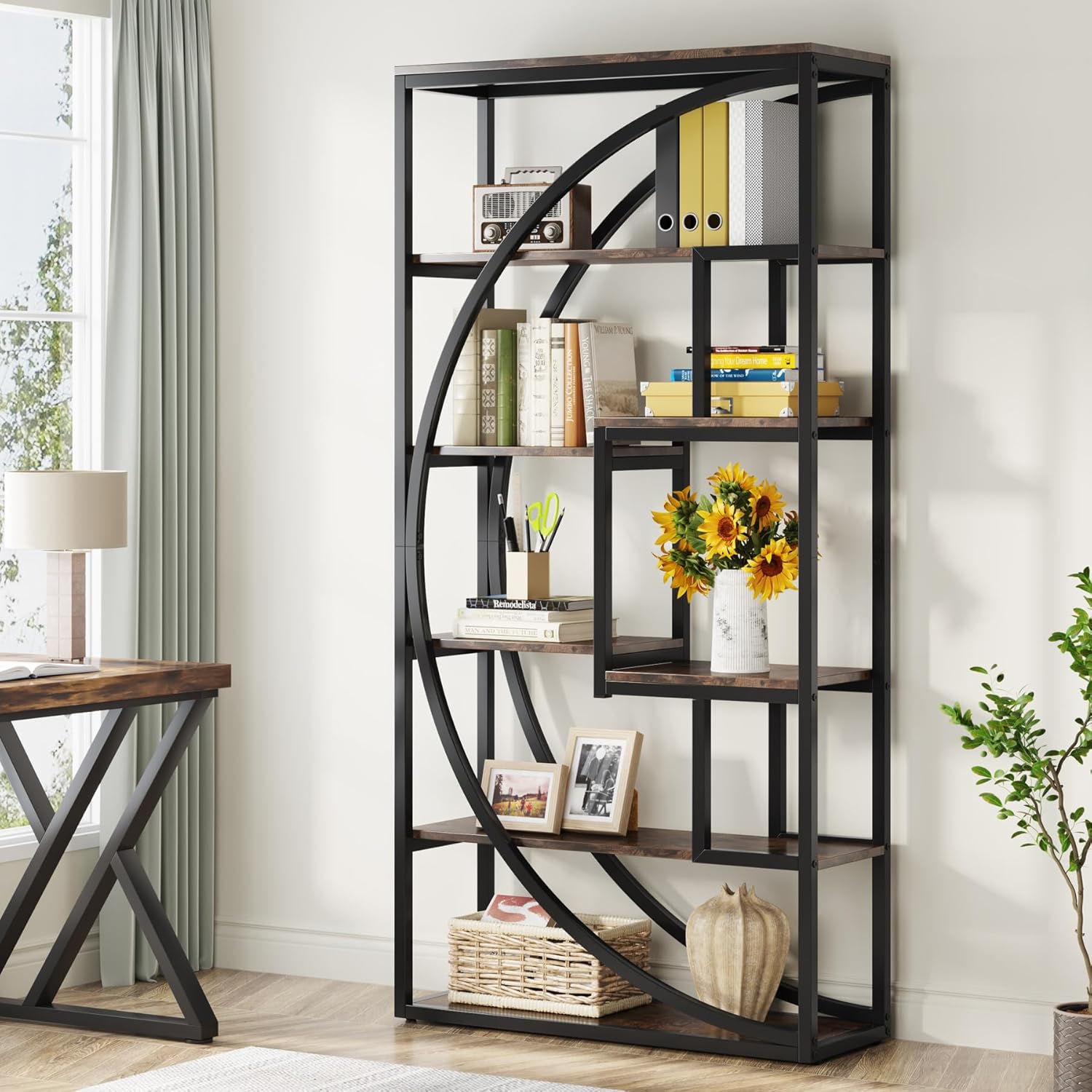 70.8" Industrial Bookshelf, 5-Tier Open Bookcase for Home Office and Living Room in Rustic Brown