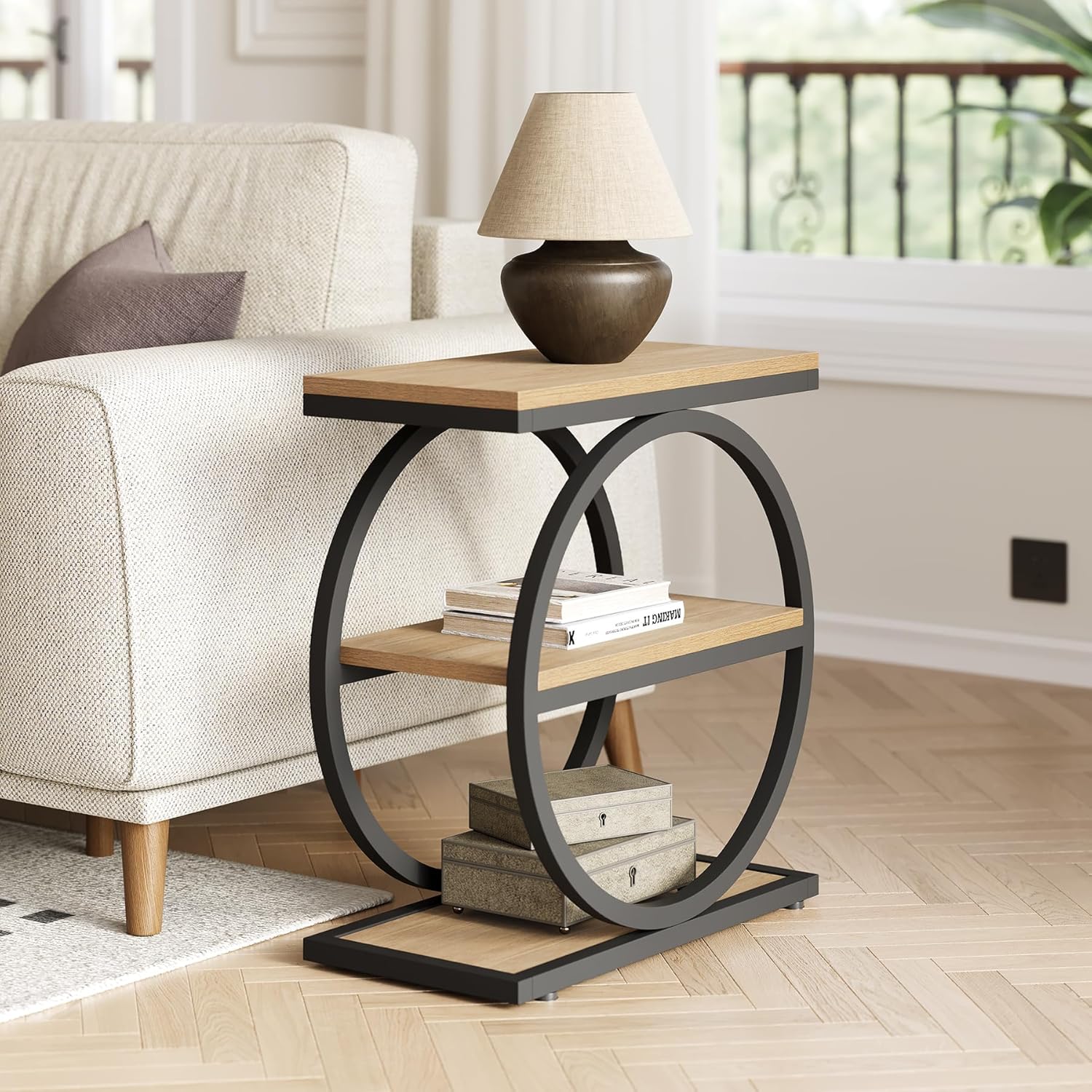 3-Tier End Table, Industrial Sofa Side Table with Round Metal Frame