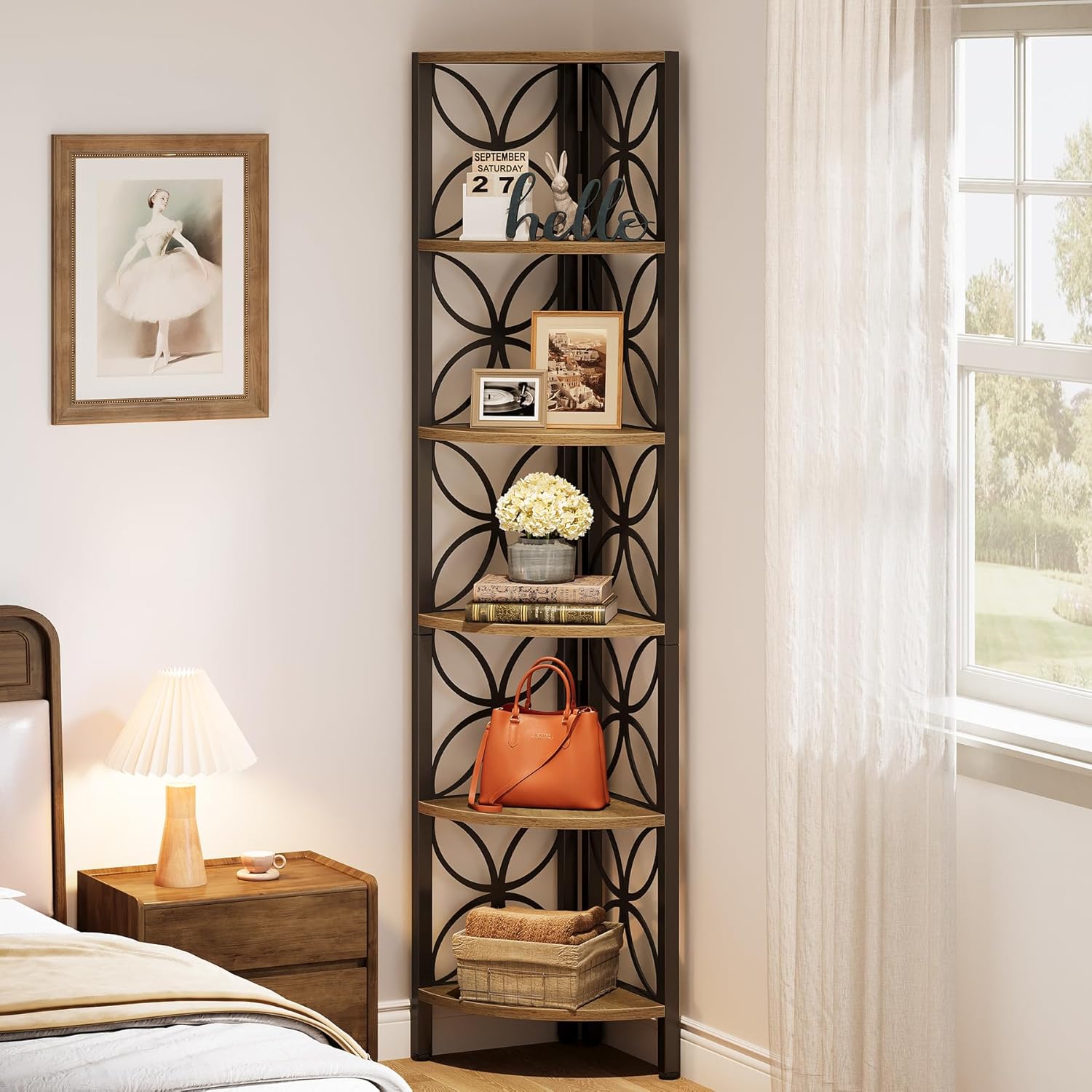 70.9" Industrial Rustic 6-Tier Corner Bookshelf, Display Shelf for Living Room & Small Spaces