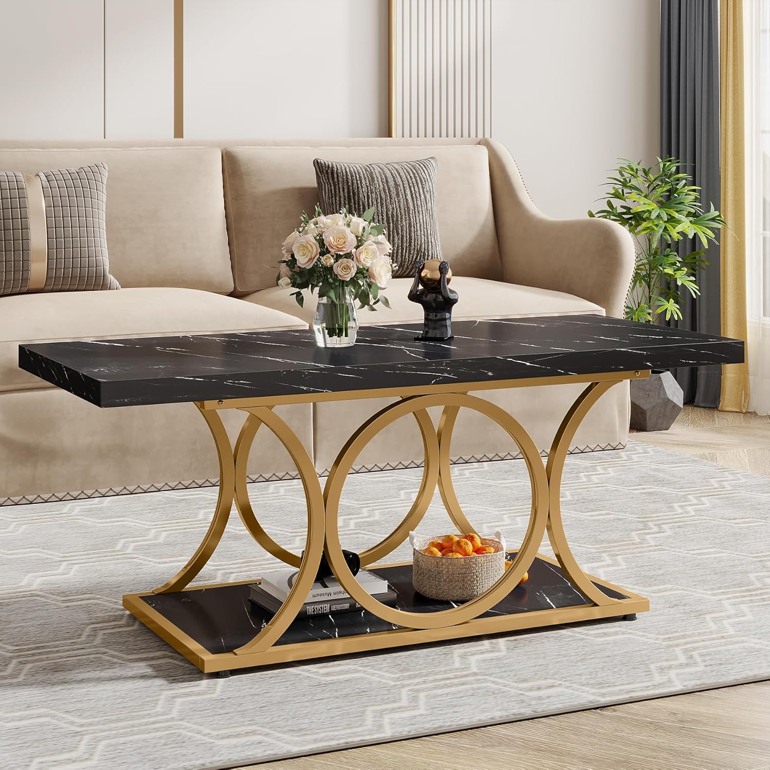 Rectangle Coffee Table, 47.24" Center Table with Faux Marble Top