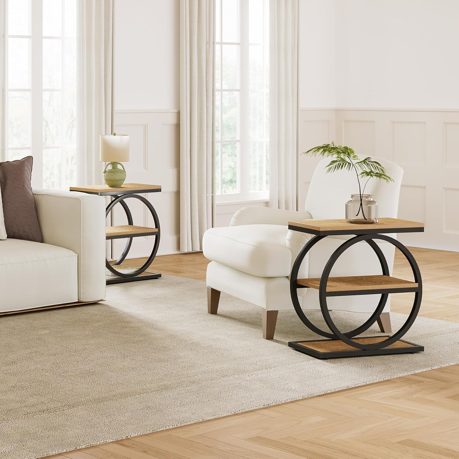 3-Tier End Table, Industrial Sofa Side Table with Round Metal Frame