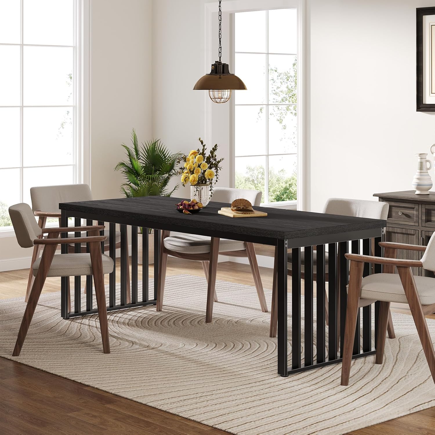 Modern Industrial Dining Table for 8, 71" Long Farmhouse Kitchen Table with Metal Frame
