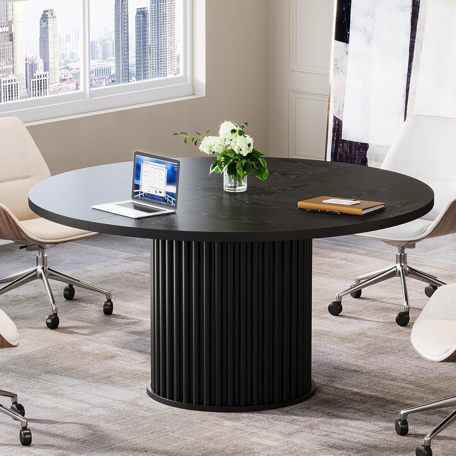 47" Round Conference Table for 4–6 People, Black Meeting Table with Sturdy Metal Base
