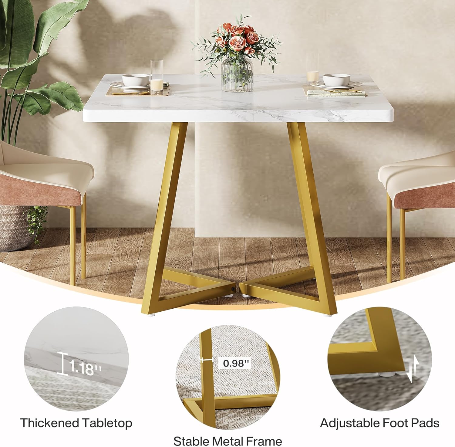 31.5" Square Dining Table, Wood Kitchen Table for 4