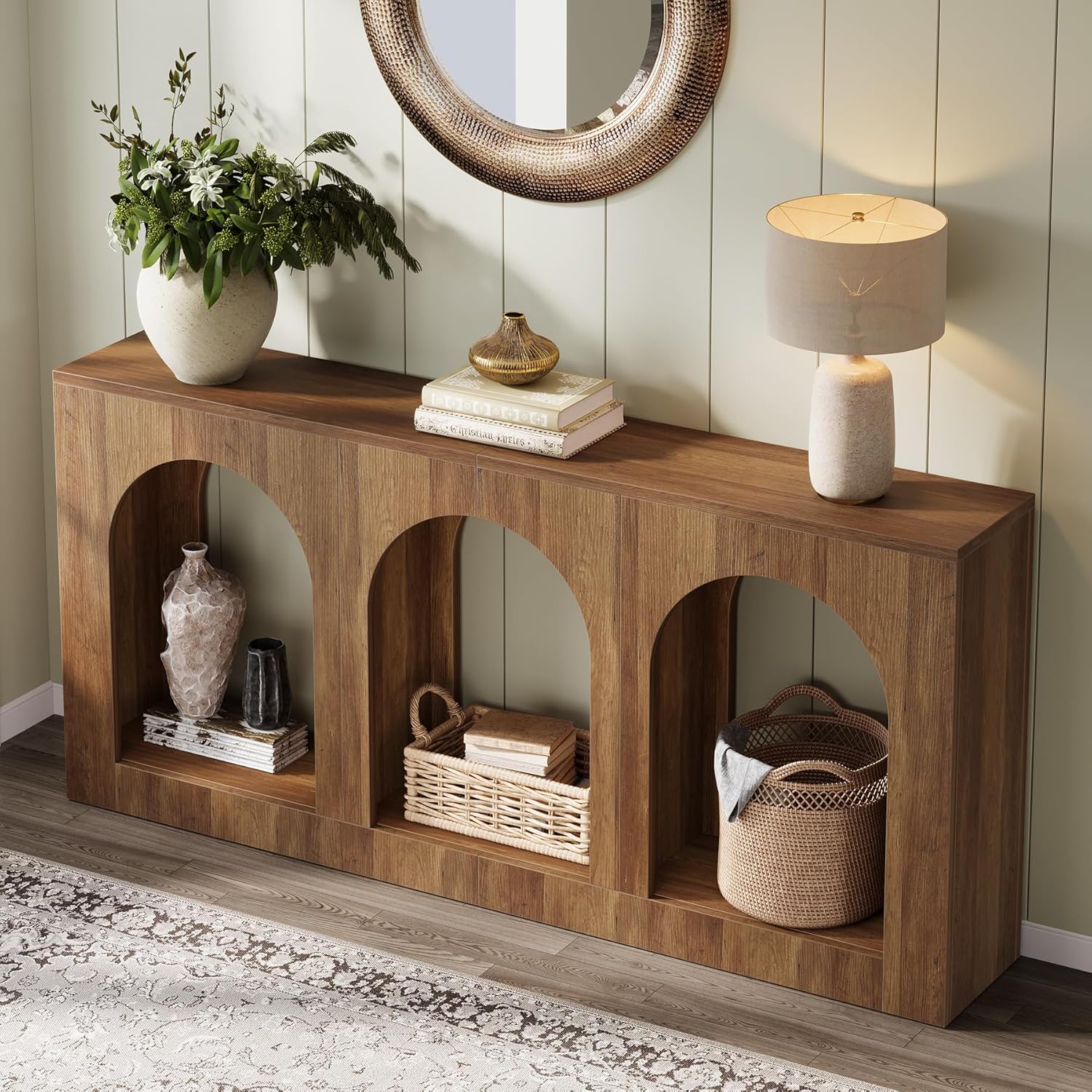 Tribesigns 63'' Rustic Console Table, Narrow Entryway Table with 3 Arched Shelves